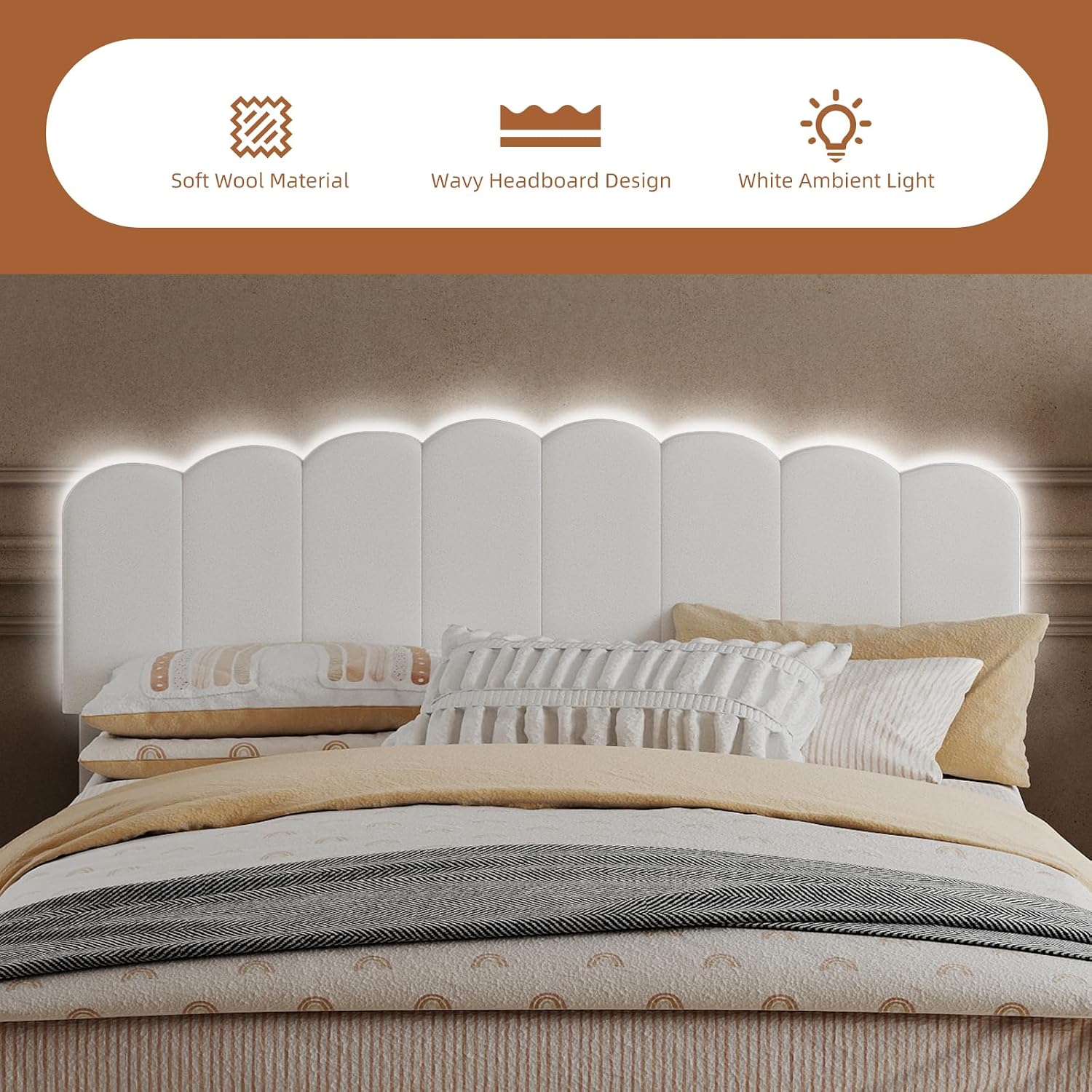 CANMOV Queen Size Bed Frame with Adjustable Headboard and Storage Drawer, Wool Upholstered Platform Bed Frame with White Ambient Light, Wooden Slats Support, White