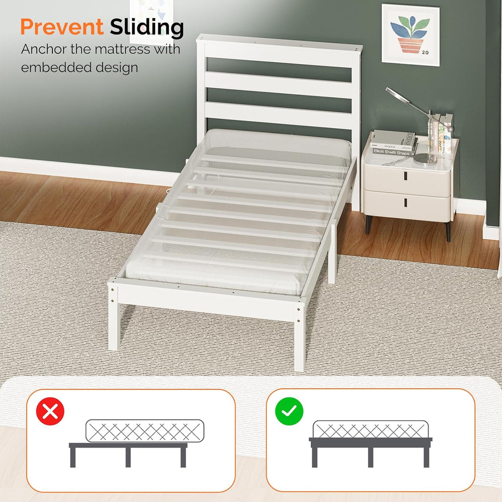 Bonnlo Solid Wood Twin Size Bed Frame with Storage Shelf Headboard, Charging Station and LED Lights, White Platform Panel Bed for Kids,Teens Adults, Mattress Foundation Replacement