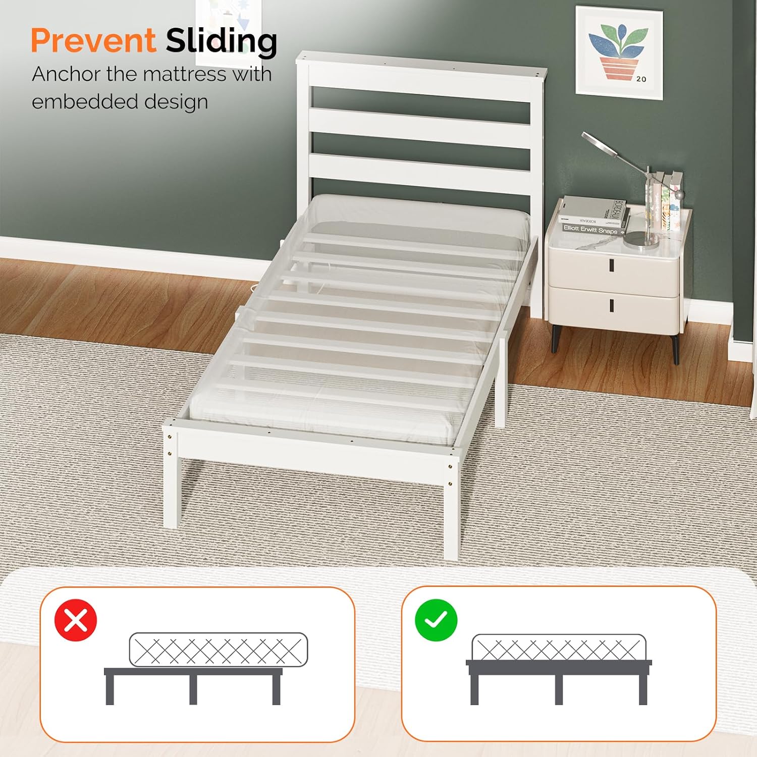 Bonnlo Solid Wood Twin Size Bed Frame with Storage Shelf Headboard, Charging Station and LED Lights, White Platform Panel Bed for Kids,Teens Adults, Mattress Foundation Replacement