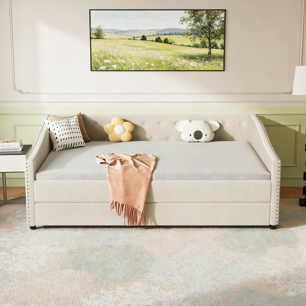 Upholstered Daybed with Trundle, Full Size Day Bed w/Button-Tufted Back and Piping on Waved-Shape Arms for Bedroom or Guest Room, No Box Spring Required,Beige