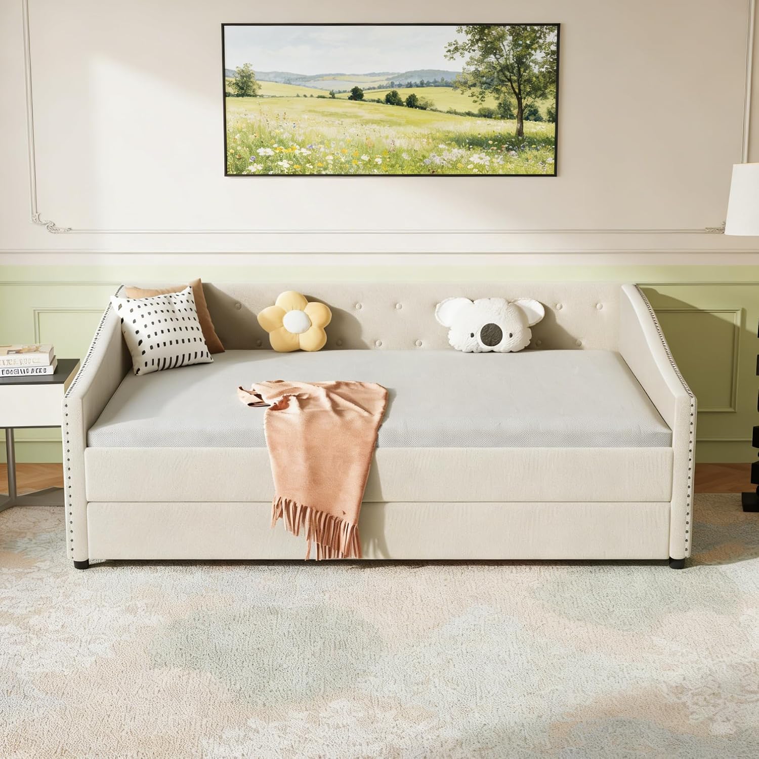 Upholstered Daybed with Trundle, Full Size Day Bed w/Button-Tufted Back and Piping on Waved-Shape Arms for Bedroom or Guest Room, No Box Spring Required,Beige