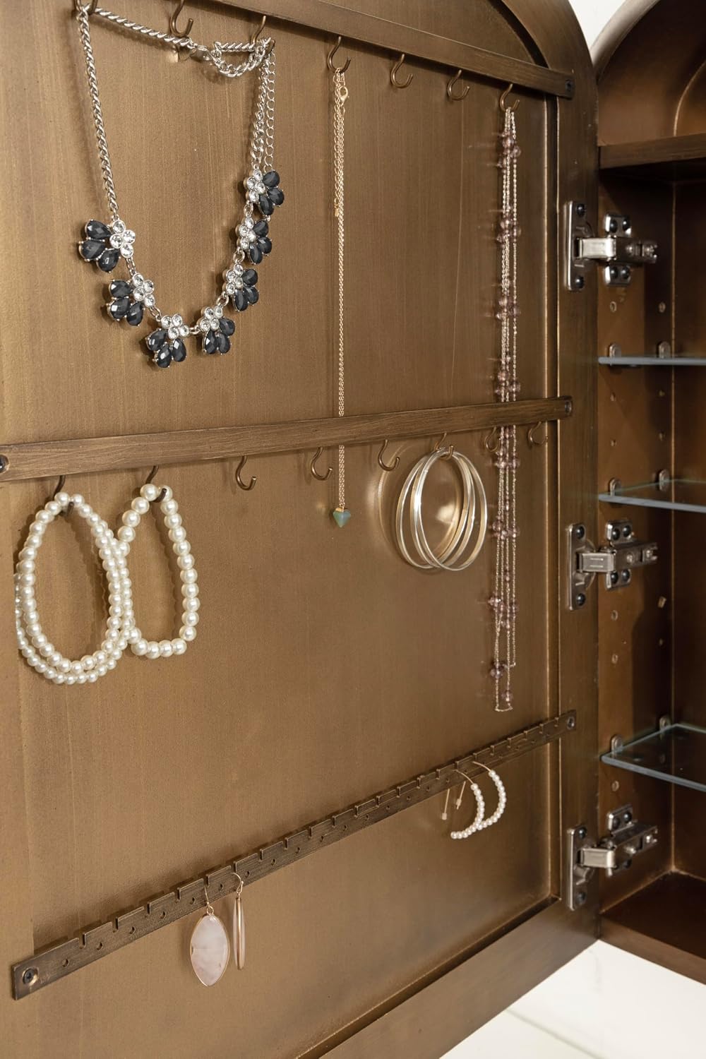 Kate and Laurel Arendahl Vintage Arched Jewelry Cabinet with MIrror, 20 x 6 x 30, Gold, Mirrored Arch Wall Cabinet for Bathroom Storage or Bedroom Jewelry Station with Soft-Close Hinges