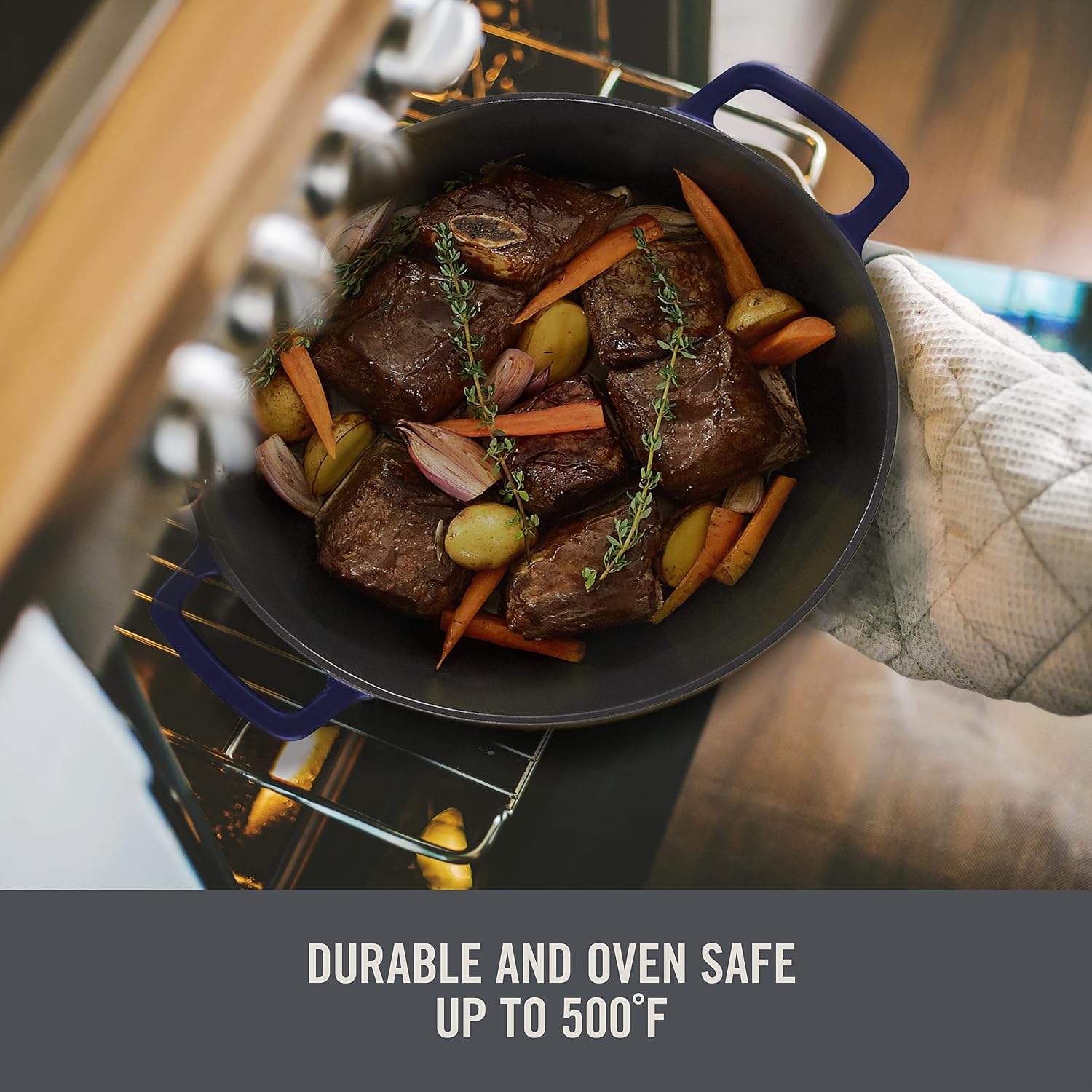 Zakarian x Dash Nonstick Cast Iron Braiser - Oven-Safe Pan with Cast Iron Lid - Features Titanium Ceramic Coating - Easy to Clean - Blue, 4.5-Quart