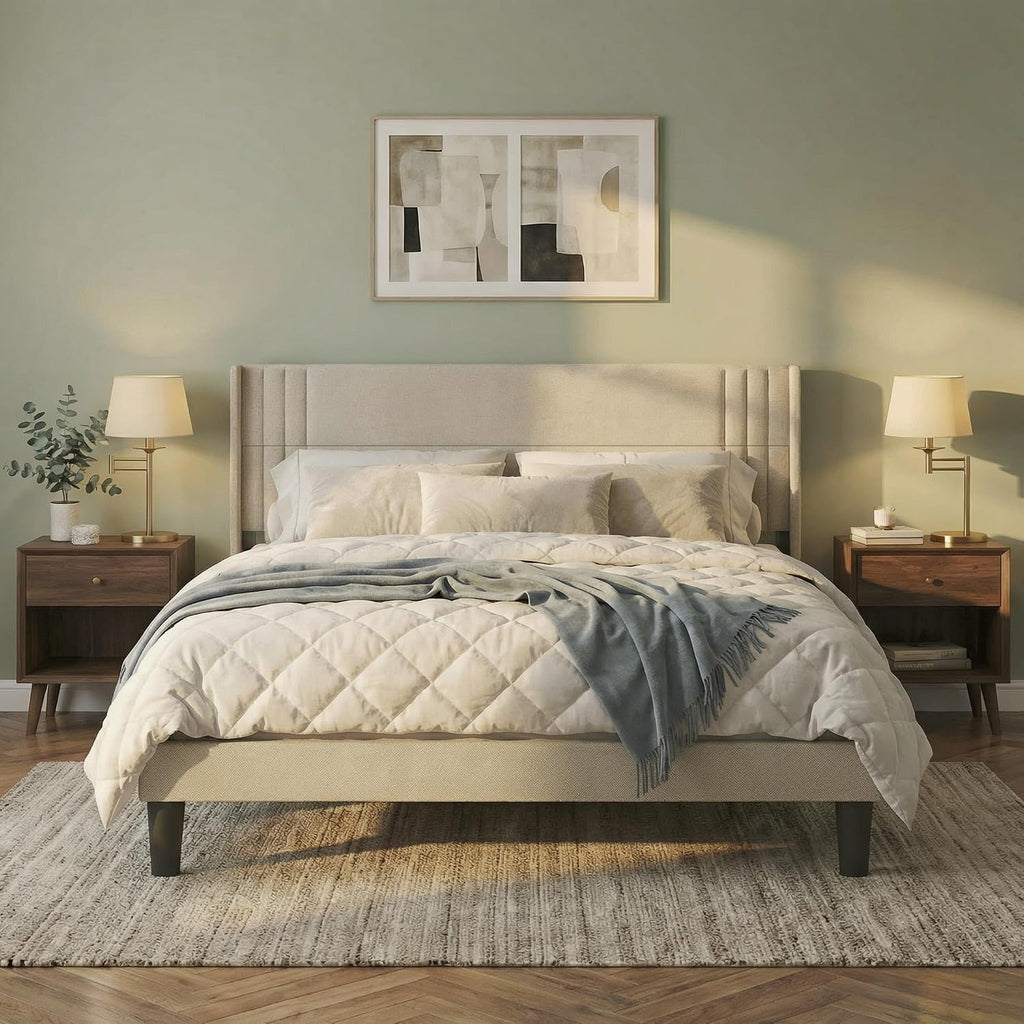 Gizoon King Bed Frame with Wingback Headboard, Upholstered Platform Bed with Modern Geometric Headboard, Wooden Slats, Noise-Free, No Box Spring Needed