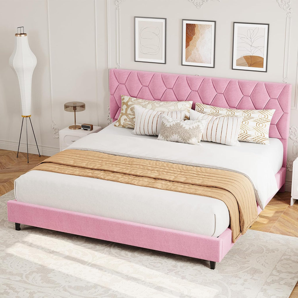 GarveeHome Pink King Bed Frame with Upholstered Headboard, Heavy-Duty Platform Bed Frame with Strong Wood Slats, No Box Spring Needed/Noise Free/Easy Assembly