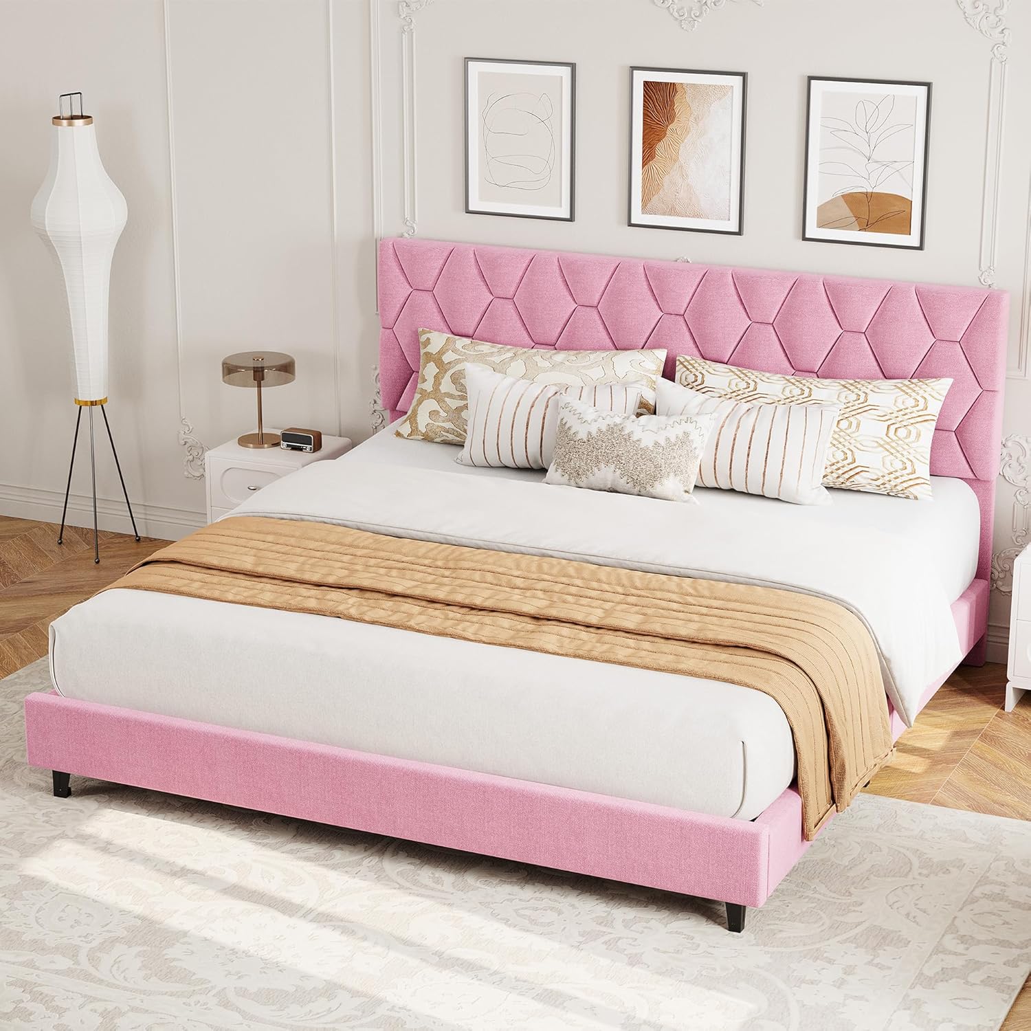 GarveeHome Pink King Bed Frame with Upholstered Headboard, Heavy-Duty Platform Bed Frame with Strong Wood Slats, No Box Spring Needed/Noise Free/Easy Assembly