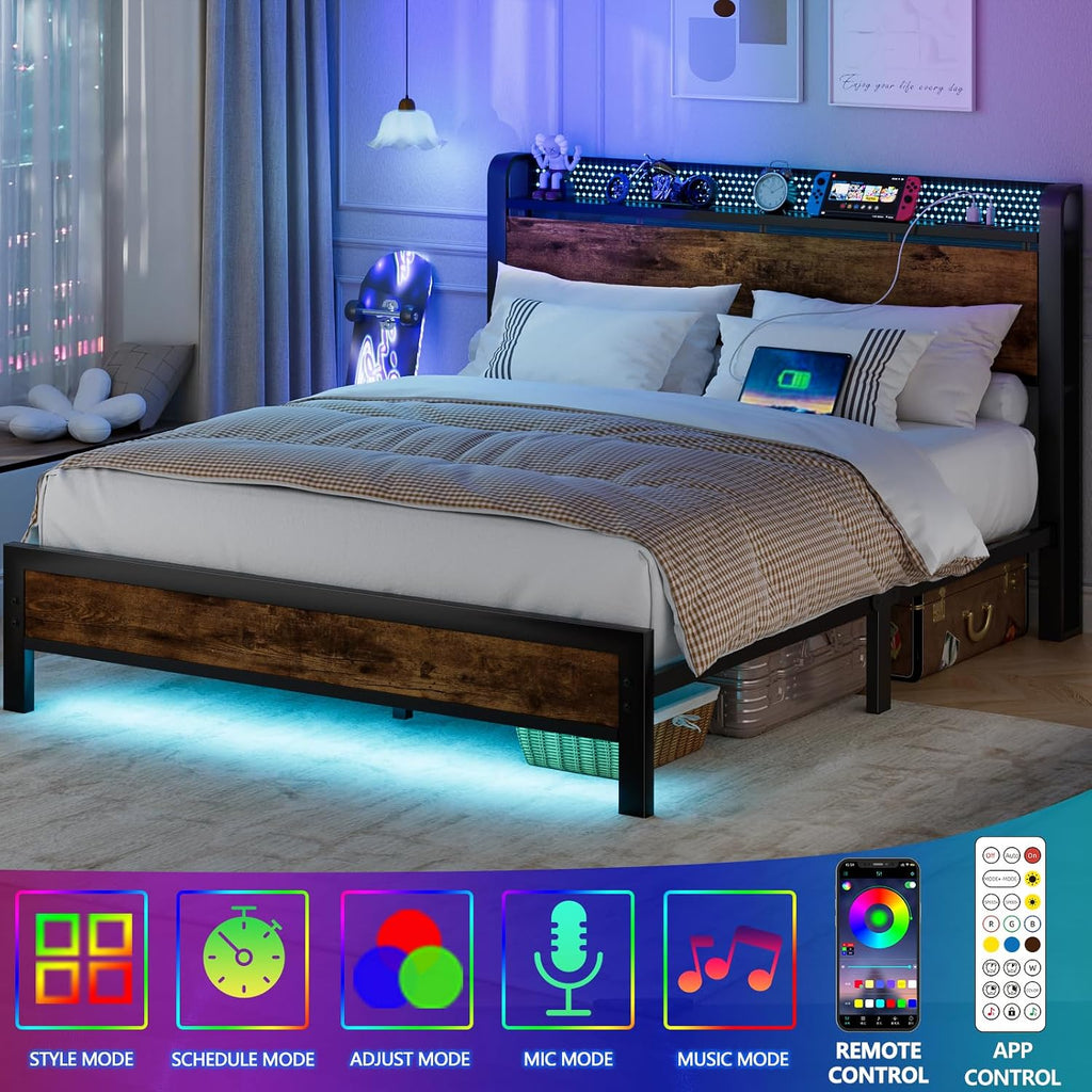Furnulem Queen Bed Frame with Headboard Storage, Bed Frame Queen Size with Charging Station and LED Lights No Box Spring Needed,Heavy Duty Steel Slats,Noise Free