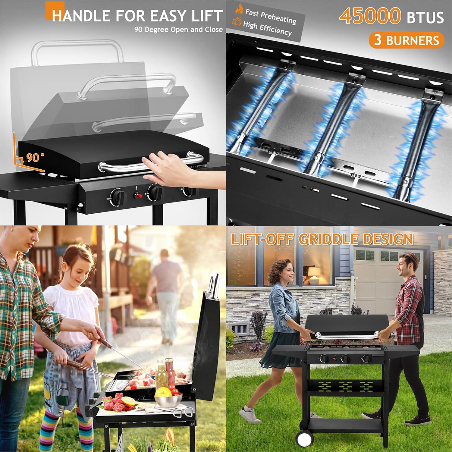 Rolling Flat Top Grill Propane Gas Griddle 3-Burner Propane Grill Griddle Station w/Side Shelve, Ceramic Coated Cast Iron Pan for Outdoor Cooking Barbecue Backyard Garden Party Picnic Hiking (Black)