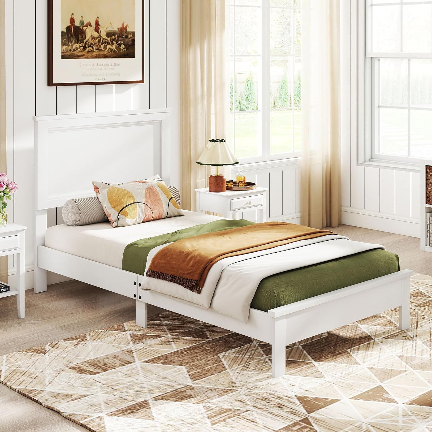 GOFLAME Twin Size Wood Bed Frame, Mid-Century Modern Platform Bed with Headboard, Solid Wood Legs, Mattress Foundation with 12 Wooden Slats, No Box Spring Needed, White