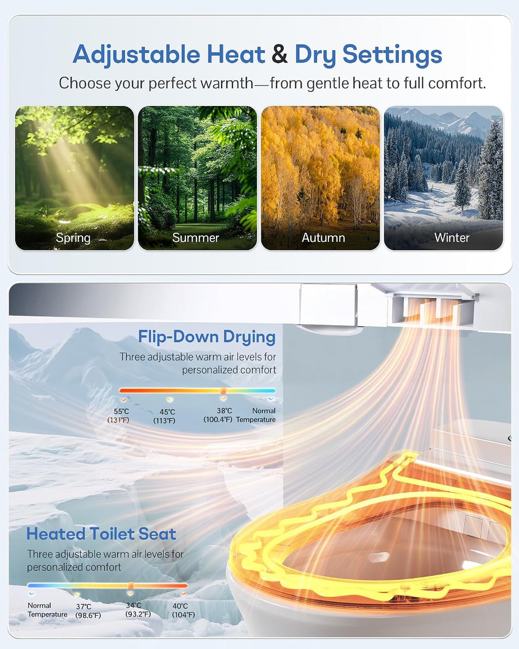 Elongated Smart Bidet Toilet Seat – Heated Seat, Instant Ceramic Water Heating, Warm Air Dryer, Wireless Remote, Self-Cleaning Nozzle, LED Display & Soft Night Light