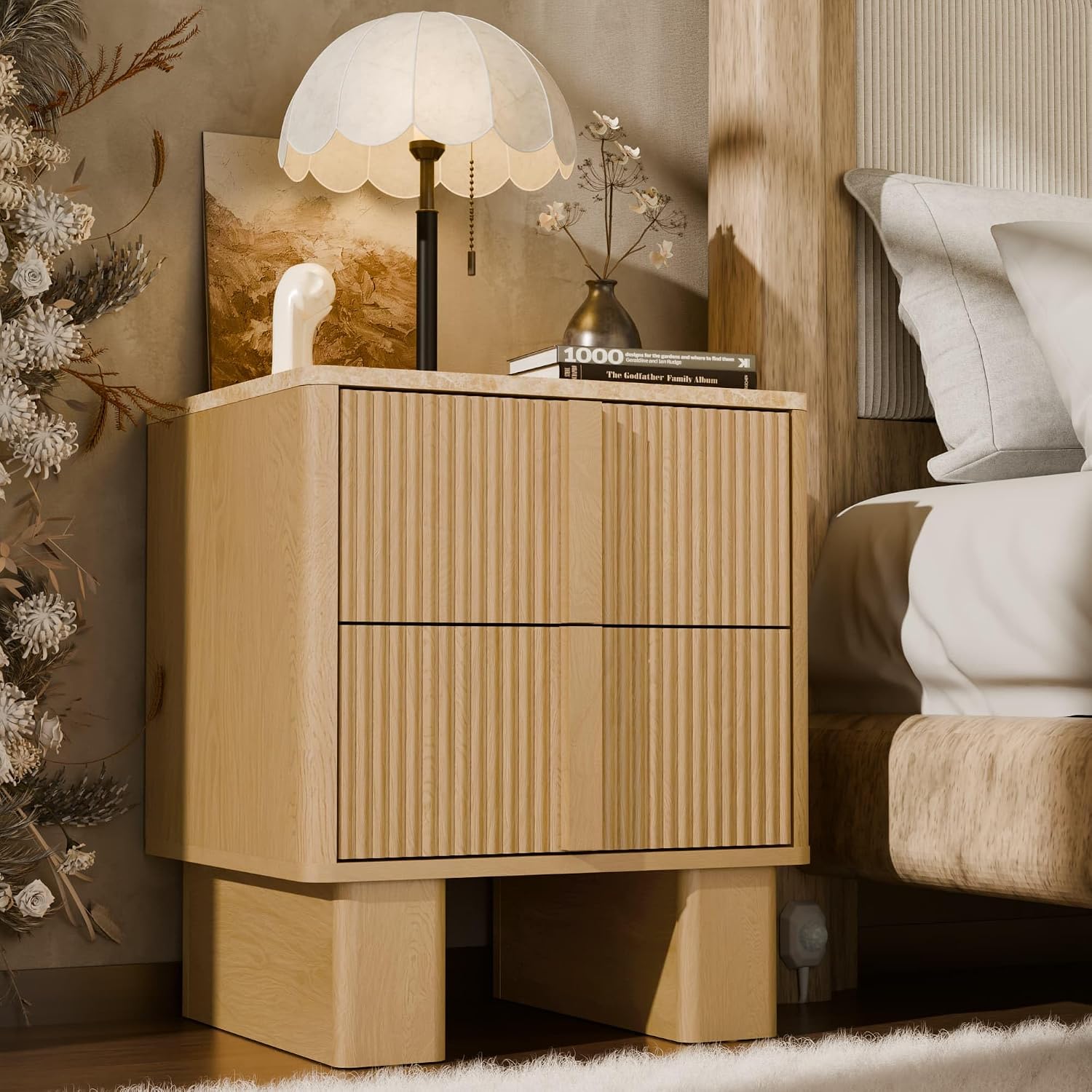 Fluted Night Stand Set 2 with Charging Station, 22' Tall END Table with 2 Large Storage Drawers and 2 Widened Reinforced Legs, Modern Bedside Table for Bedroom, Living Room, Light Oak, 2