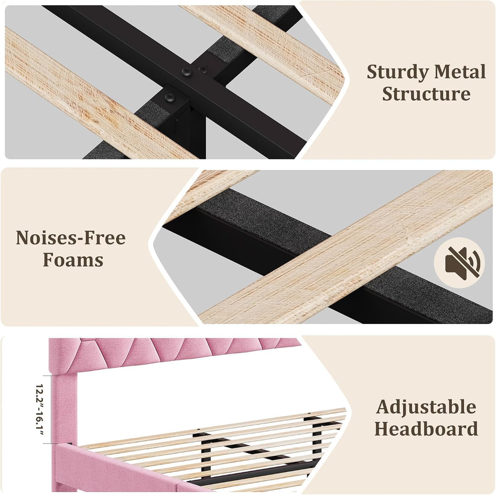 GarveeHome Pink Queen Bed Frame with Upholstered Headboard, Heavy-Duty Platform Bed Frame with Strong Wood Slats, No Box Spring Needed/Noise Free/Easy Assembly
