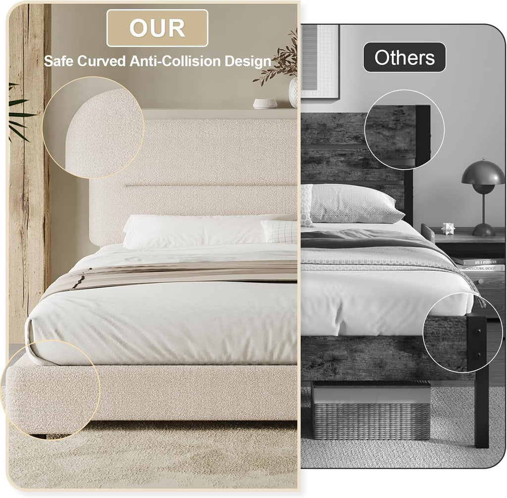 HOMBCK Bed Frame Queen Size, Boucle Upholstered Platform Queen Bed Frame with Headboard, Soft Headboard with Rounded Corners Design, Wood Slats, No Box Spring Required, Easy Assembly, Beige