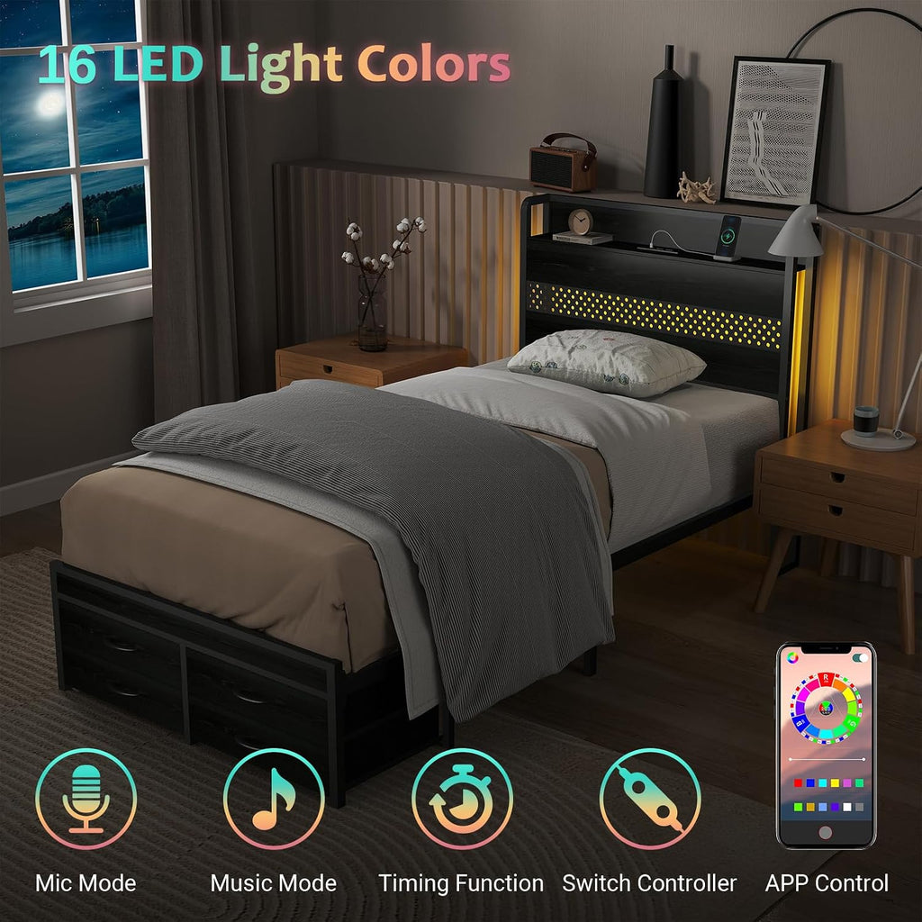 Zevemomo Twin Bed Frame with Storage Drawers, Twin Metal Bed Frame with LED Light and Charging Station, Heavy Duty Metal Slats, No Box Spring Needed, Black