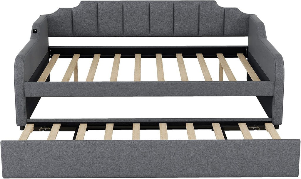Daybed with Trundle and USB Charging Design, Full Size Upholstery Day Bed Frame, Trundle can be Flat or erected,Grey