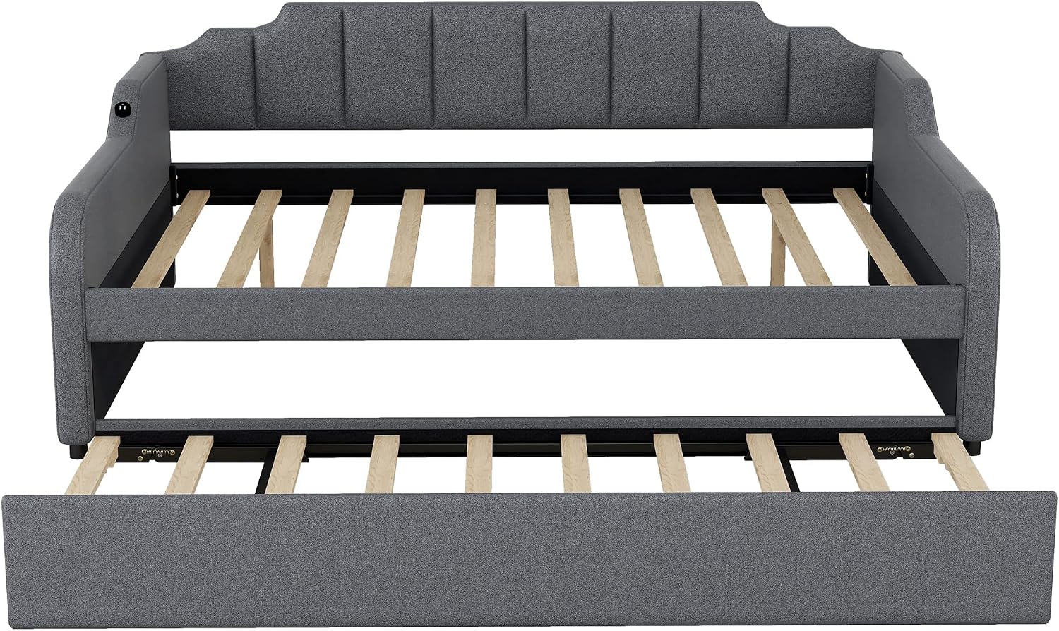 Daybed with Trundle and USB Charging Design, Full Size Upholstery Day Bed Frame, Trundle can be Flat or erected,Grey
