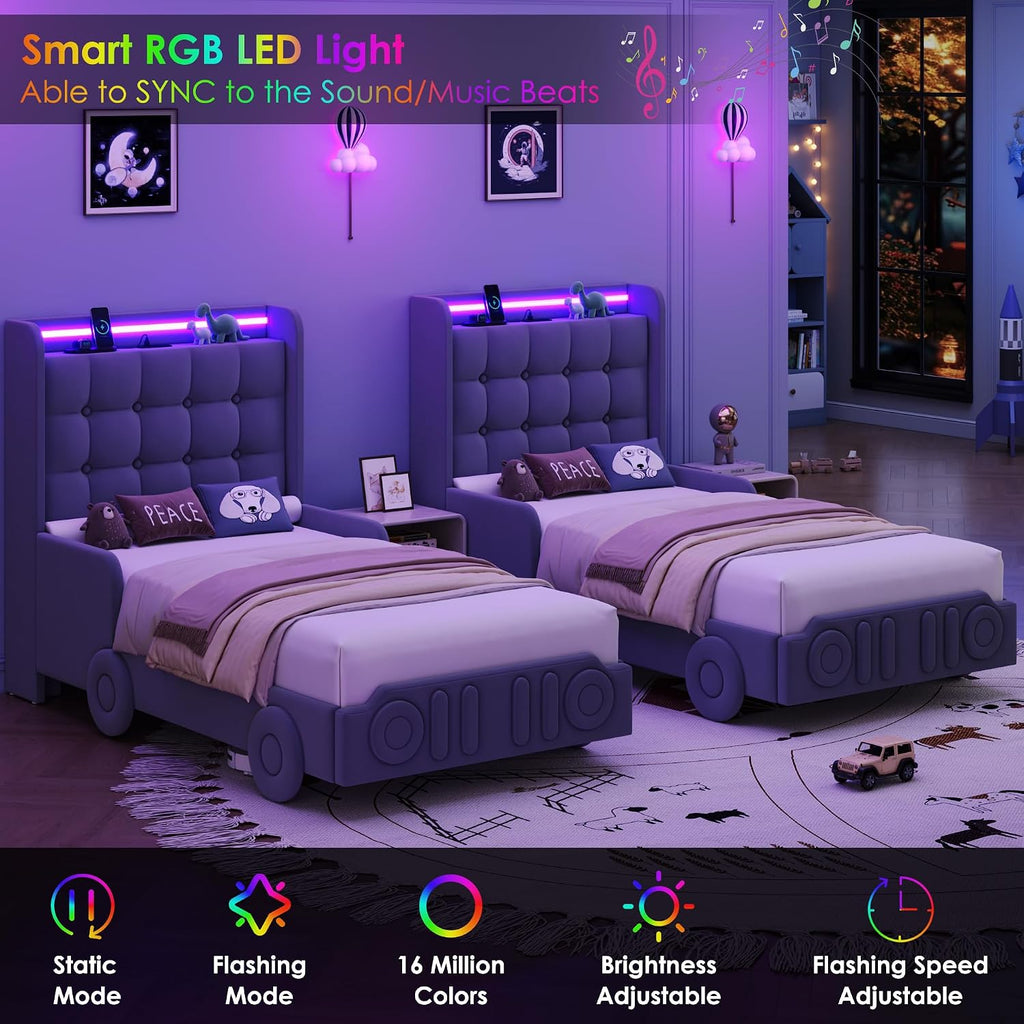 Keyluv Twin Car Bed Frame with LED Lights and Charging Station, Upholstered Platform Bed with Button Tufted Headboard and Wheels, No Box Spring Needed, Noise-Free, Easy Assembly, Velvet Grey