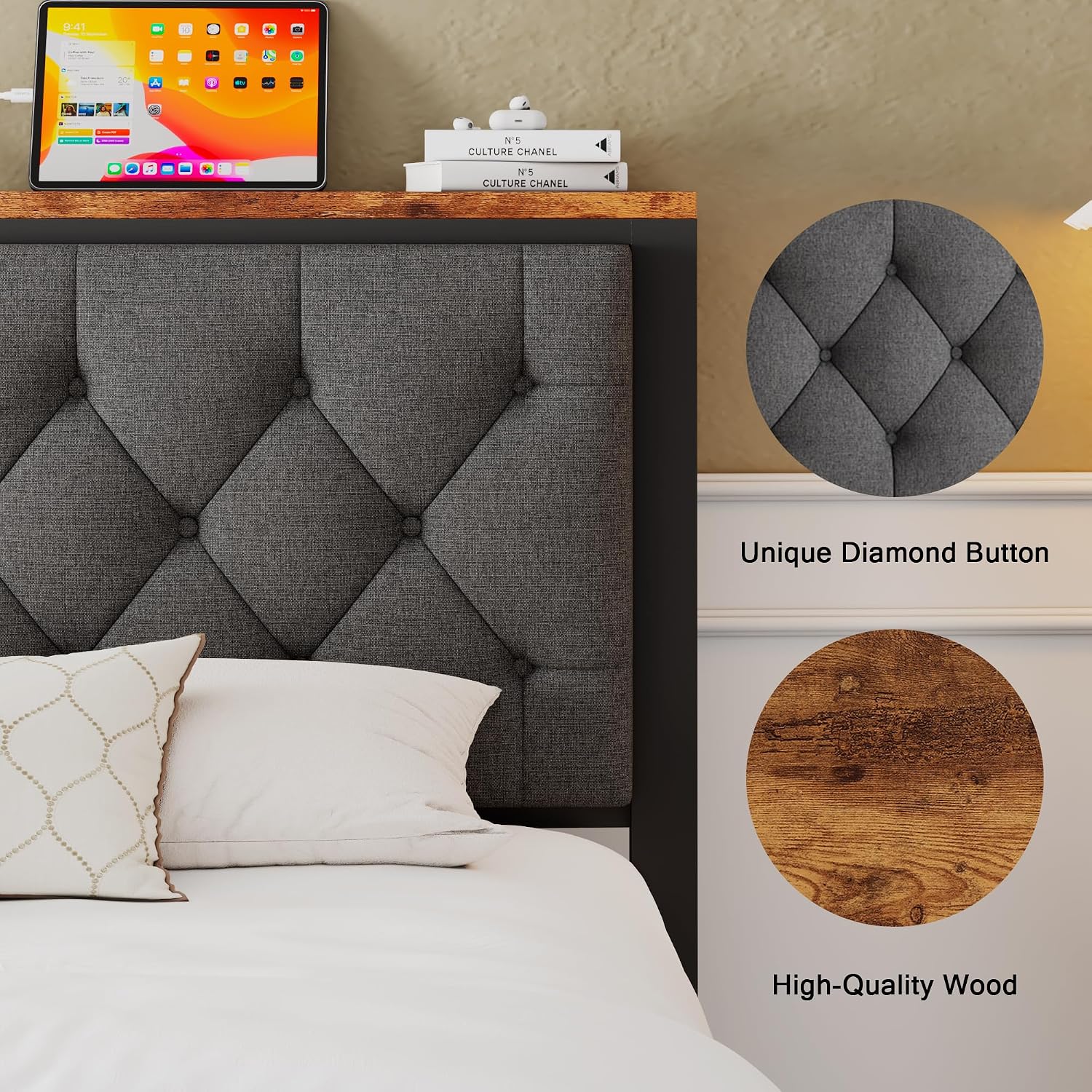 Einhomn Queen Bed Frame with 2 Storage Drawers, Metal Platform Bed with Charging Station, Upholstered Button Tufted Storage Headboard, No Box Spring Needed, Easy Assembly, Noise-Free, Grey
