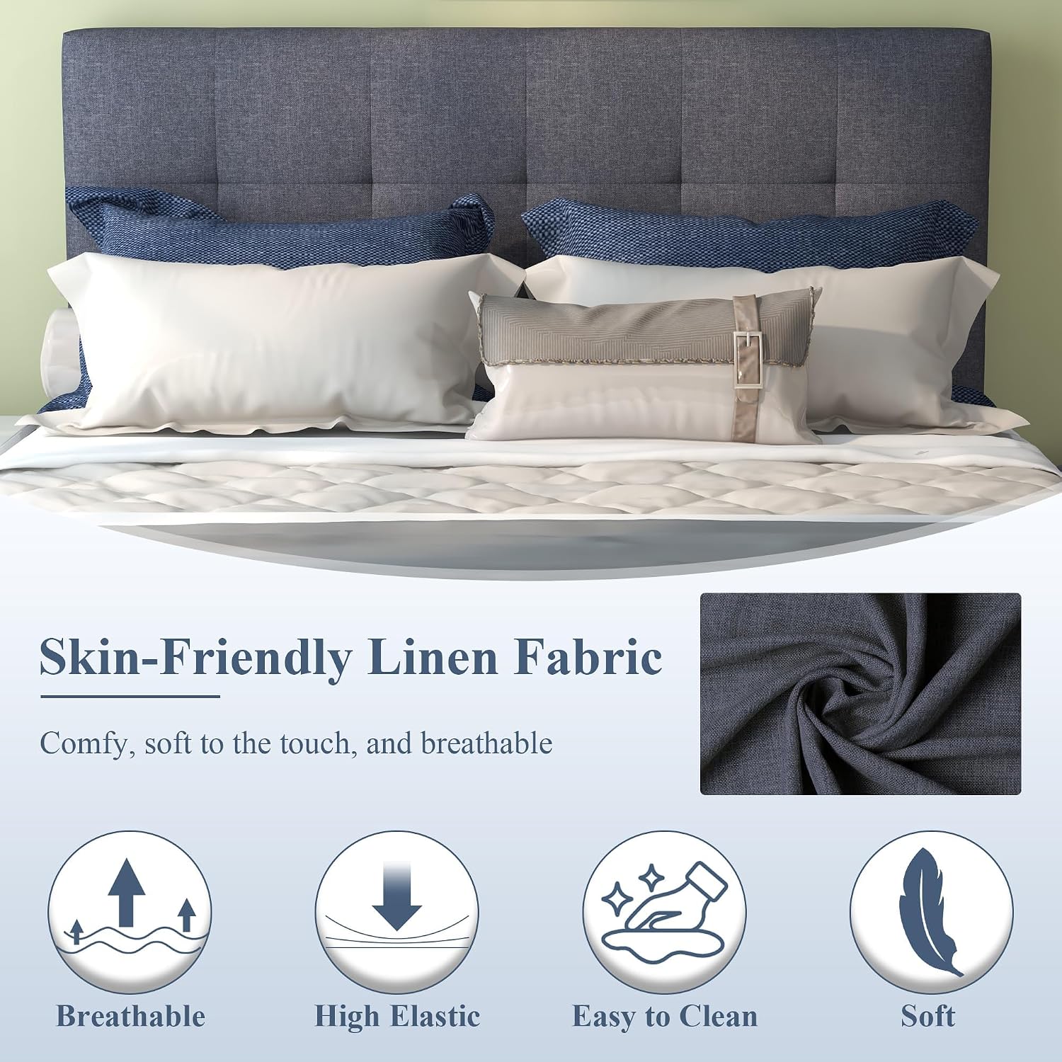 civama Full Bed with Trundle, Upholstered Full Over Twin Pull Out Platform Bed with Soft Linen Headboard & Wooden Slat Support for Bedroom Apartment, No Box Spring Needed, Grey