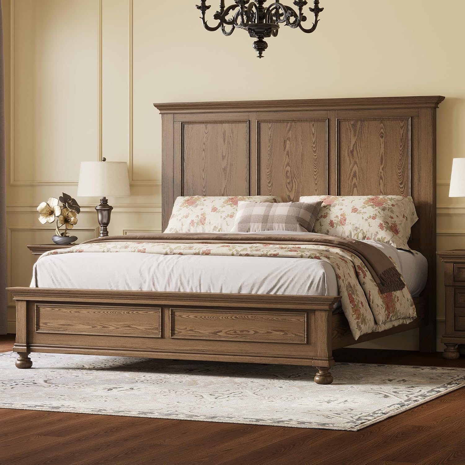 AMERLIFE Solid Wood Queen Bed Frame with 65.2' High Headboard, Traditional Platform Bed with Heavy Duty Slats, No Box Spring Needed, Easy Assembly, Light Brown