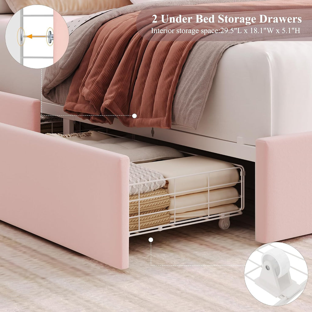 HOSTACK Full LED Bed Frame with Storage Headboard and Charging Station, Girls Bed Frame with 2 Drawers and USB Ports, Velvet Upholstered Platform Bed Frame with Bookcase, No Box Spring Needed, Pink