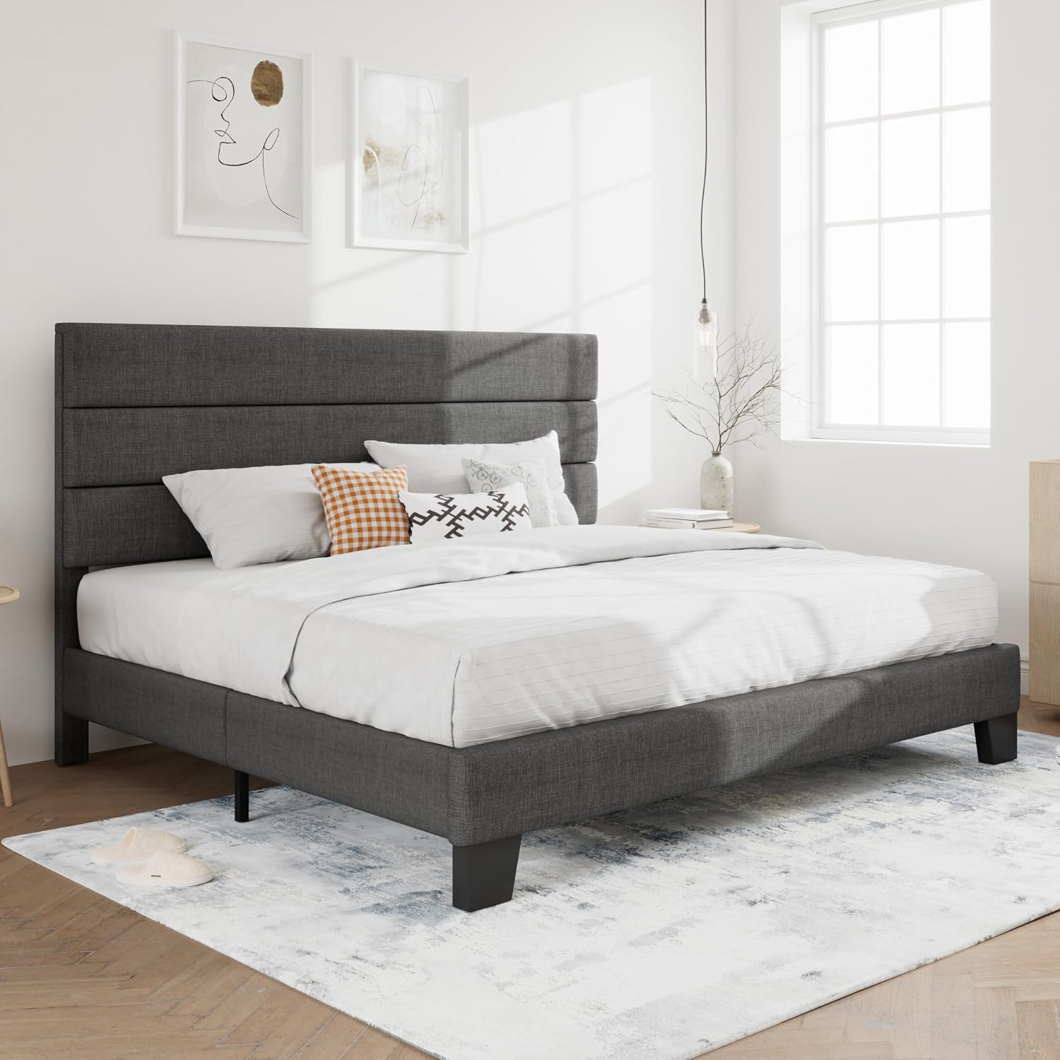 SHA CERLIN King Platform Bed Frame with Upholstered Fabric Headboard, Mattress Foundation with Strong Wooden Slats Support, No Box Spring Needed, Grey