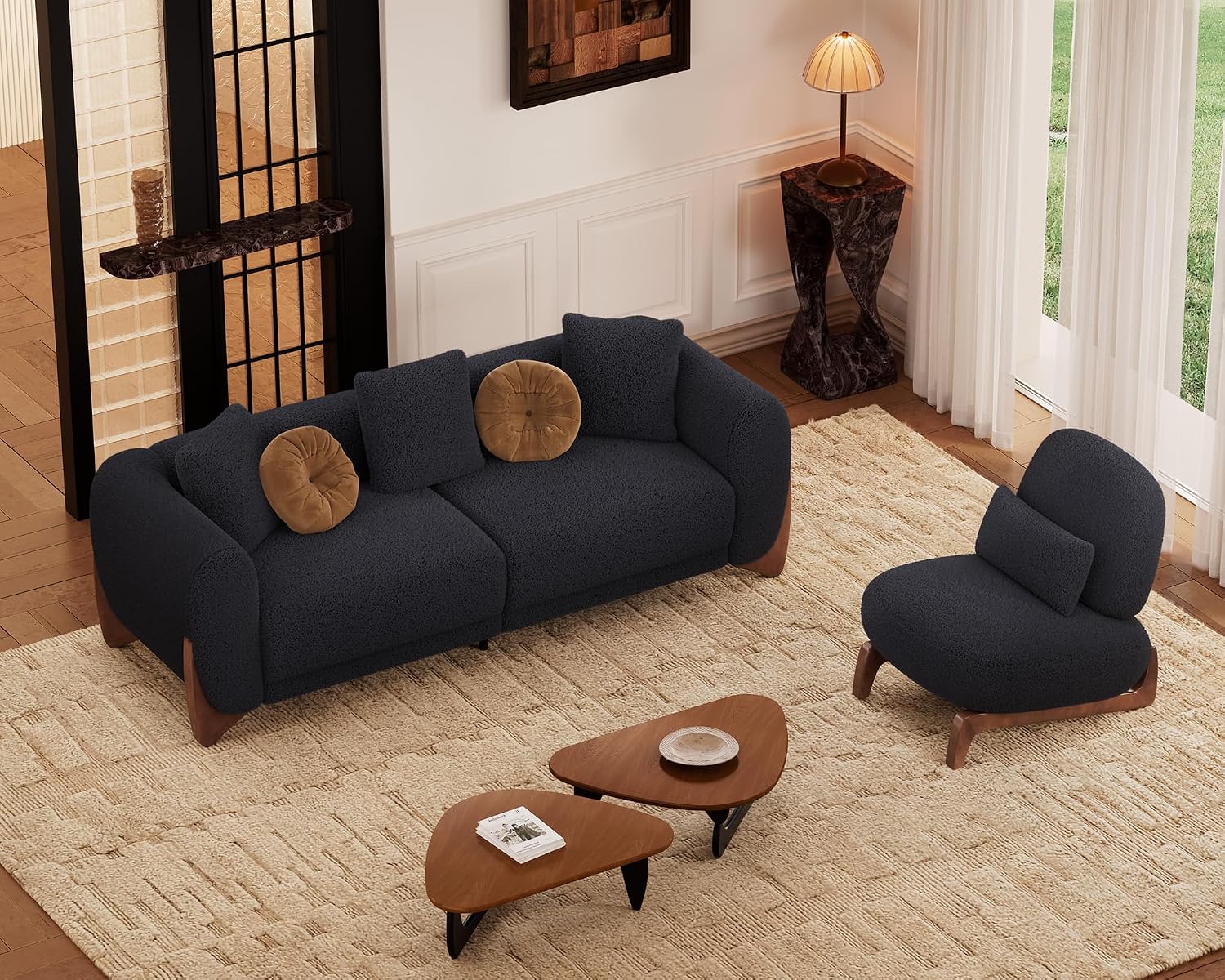 Morden Fort 2 Piece Cloud Couch Set, Modern Sherpa Boucle Sofa Set with Wood Legs, Skin-Friendly Minimalist Upholstered Comfy Couch Sofas for Living Room, 3-Seater Sofa & Tilt Back Chair, Black