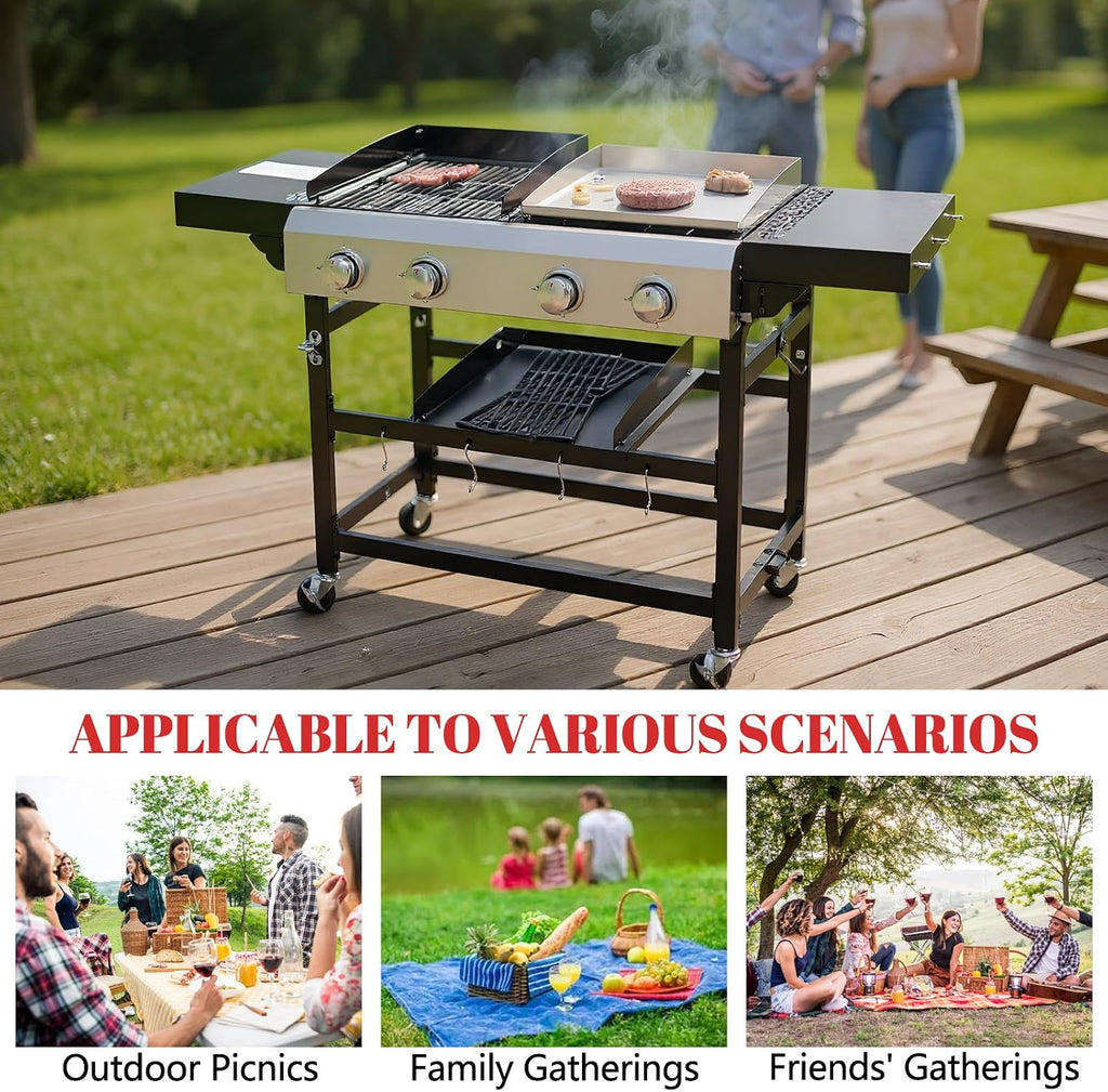 4-Burner Propane Gas Grill and Griddle Combo, Stainless Steel Propane Grill 36,900 BTU Outdoor Cabinet Style with Wheels, Wire Rack and Two Foldable Side Table (2 Grill Pans + 2 Grills)