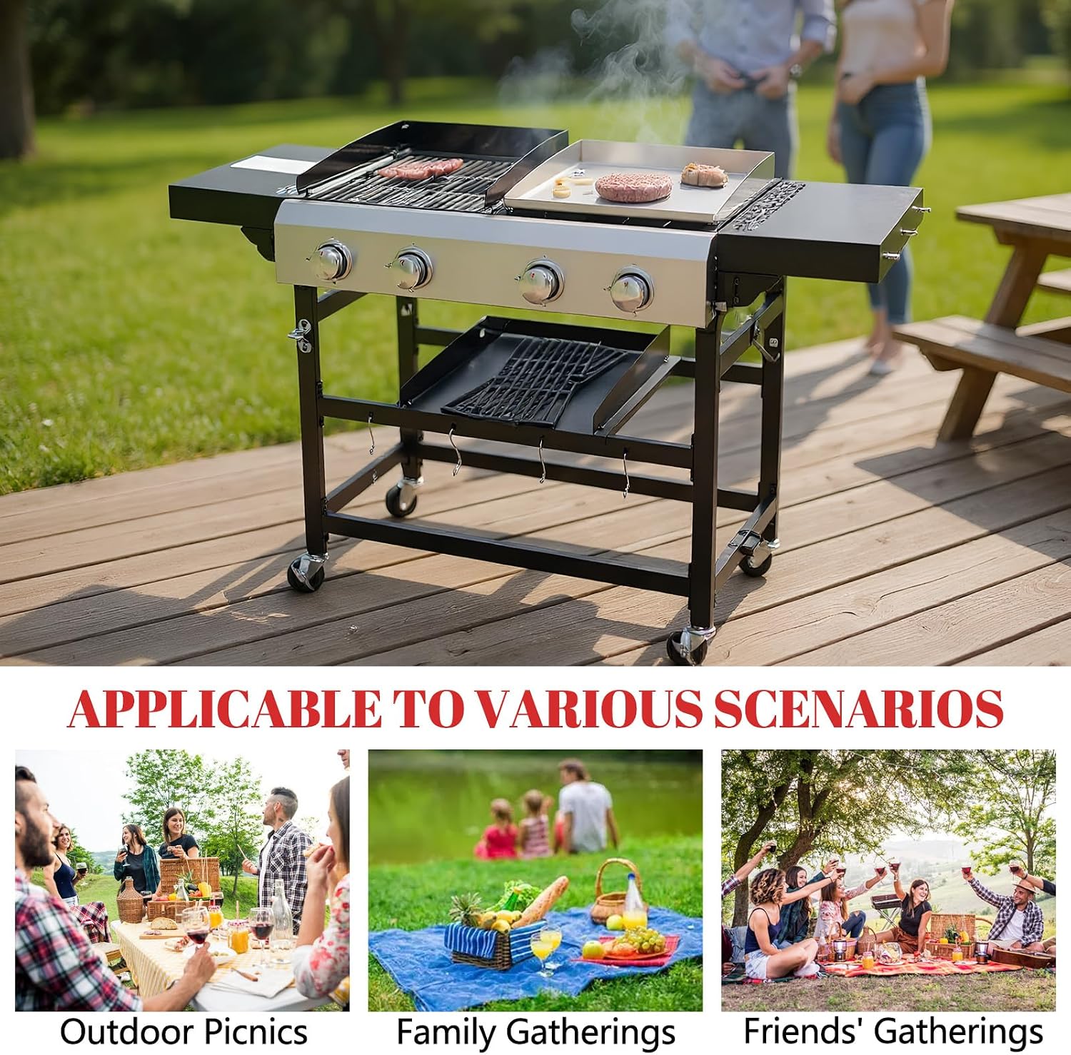 4-Burner Propane Gas Grill and Griddle Combo, Stainless Steel Propane Grill 36,900 BTU Outdoor Cabinet Style with Wheels, Wire Rack and Two Foldable Side Table (2 Grill Pans + 2 Grills)