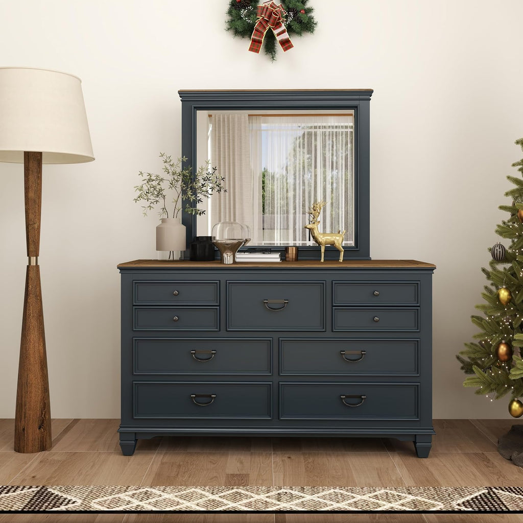 Roundhill Furniture Riverton Wood Bedroom Set with Shiplap Panel Queen Bed, Dresser, Mirror, and Two Nightstands in Slate Blue