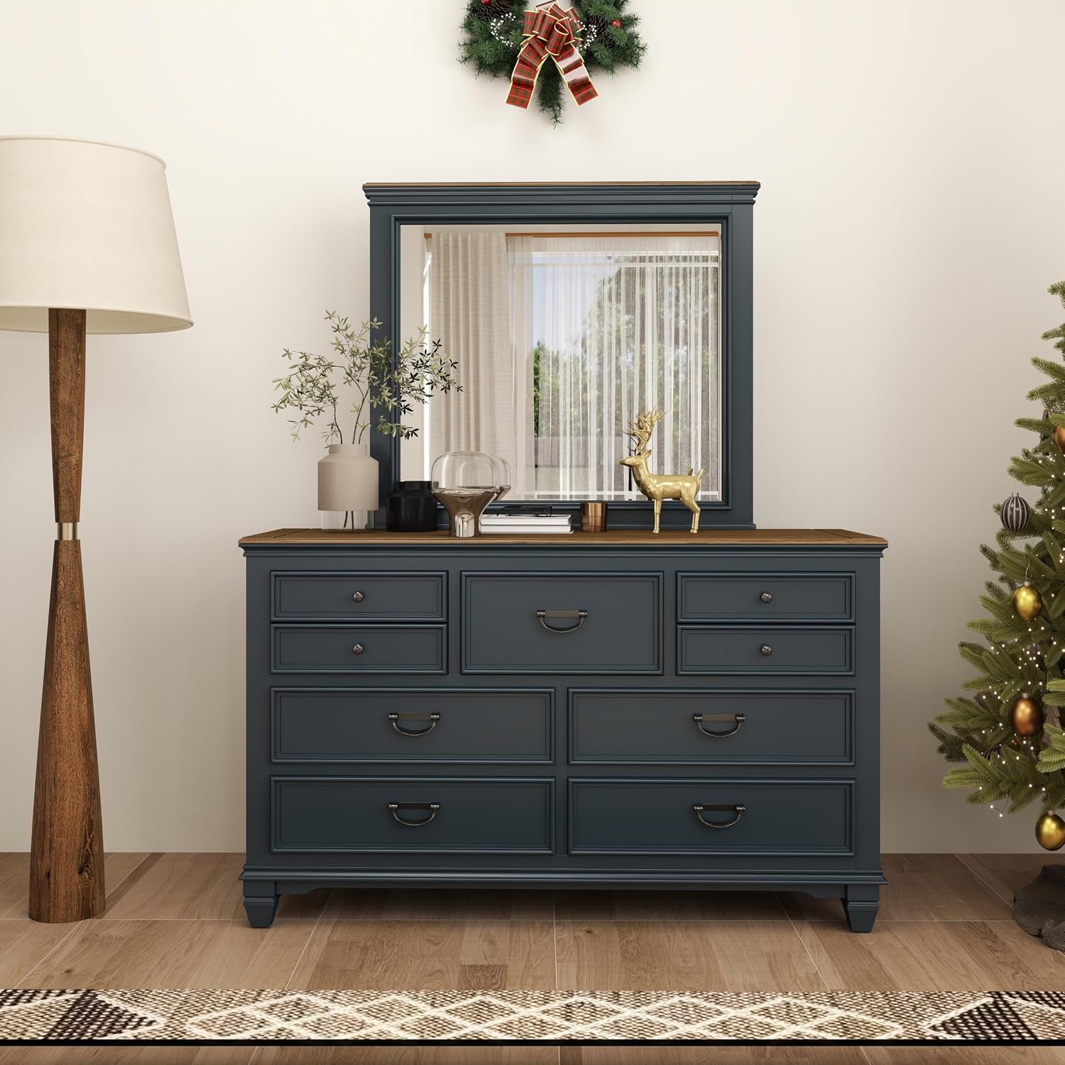 Roundhill Furniture Riverton Wood Bedroom Set with Shiplap Panel Queen Bed, Dresser, Mirror, and Two Nightstands in Slate Blue