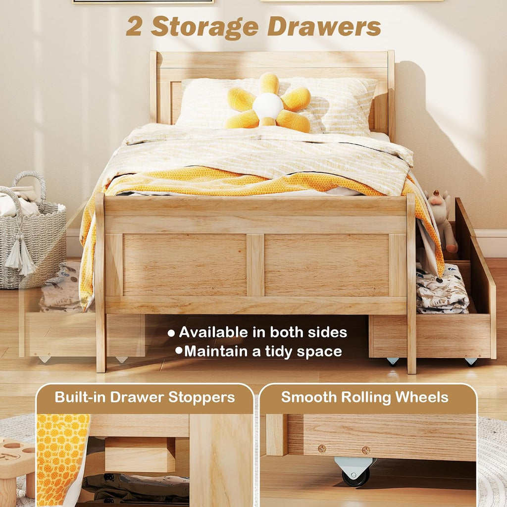 Giantex Twin Bed with 2 Storage Drawers, Wood Platform Bed with Headboard & Footboard, Wooden Slats Support Mattress Foundation, Twin Bed Frames for Kids Teens Adults, No Box Spring Needed (Natural)