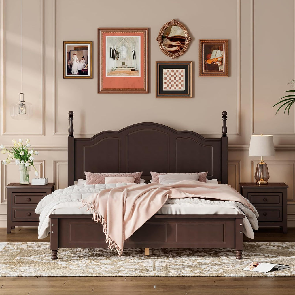 Harper & Bright Designs 3-Piece Queen Bedroom Set, Retro Style Wooden Bedroom Furniture Set with Queen Size Bed Frame and Two Nightstands for Kids Teens Adults Bedroom, Dark Walnut