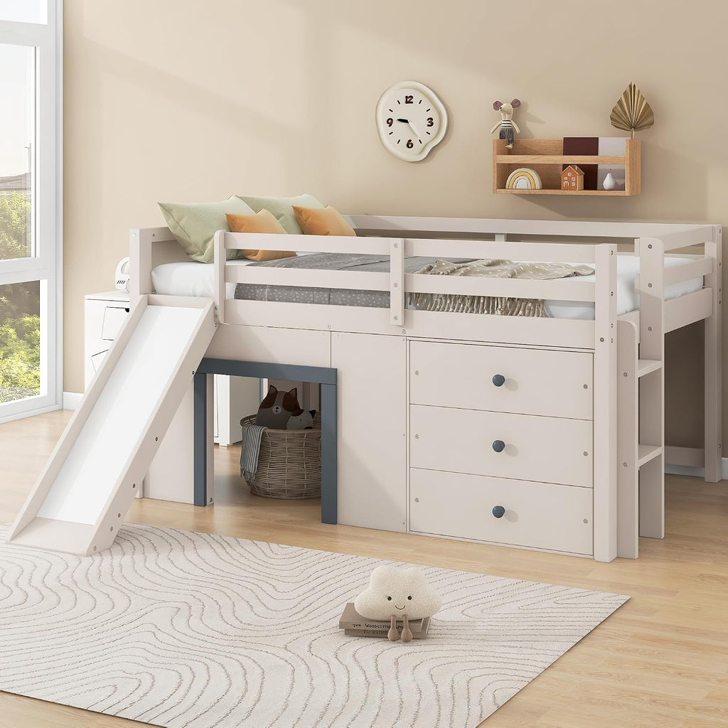 Harper & Bright Designs Low Loft Bed Full Size with Slide and Drawers for Saving Spcae, Wood Loft Bed Frame with Storage, Beige+Grey