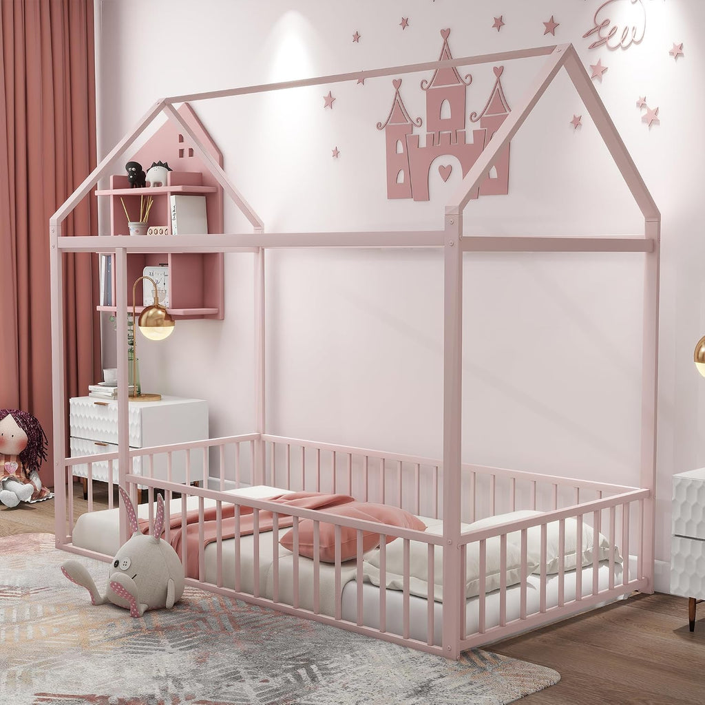 Bellemave Twin Size Montessori Floor Bed, Metal House Bed Frame, House Floor Bed for Kids, with Fence, Playhouse for Kids, Pink with roof