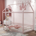 Bellemave Twin Size Montessori Floor Bed, Metal House Bed Frame, House Floor Bed for Kids, with Fence, Playhouse for Kids, Pink with roof