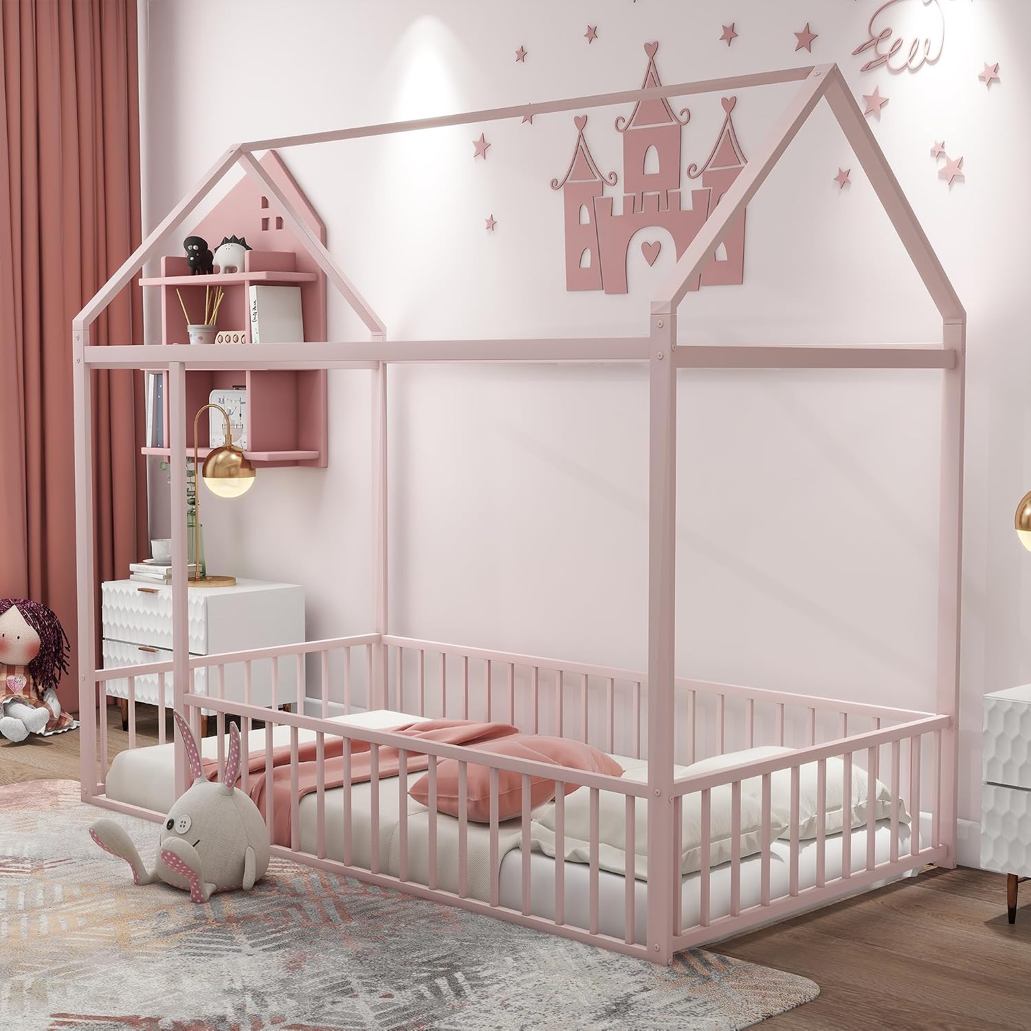 Bellemave Twin Size Montessori Floor Bed, Metal House Bed Frame, House Floor Bed for Kids, with Fence, Playhouse for Kids, Pink with roof