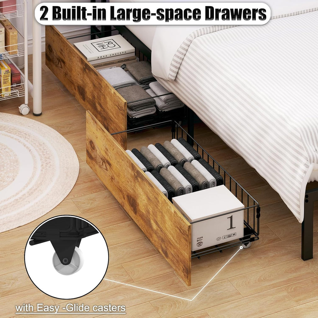 Bellemave Full Corner Bed Frame with Storage, Full Captains Bed with Charging Station, LED Light, Wood Daybeds with L-Shaped Bookcase and 2 Drawers, Brown