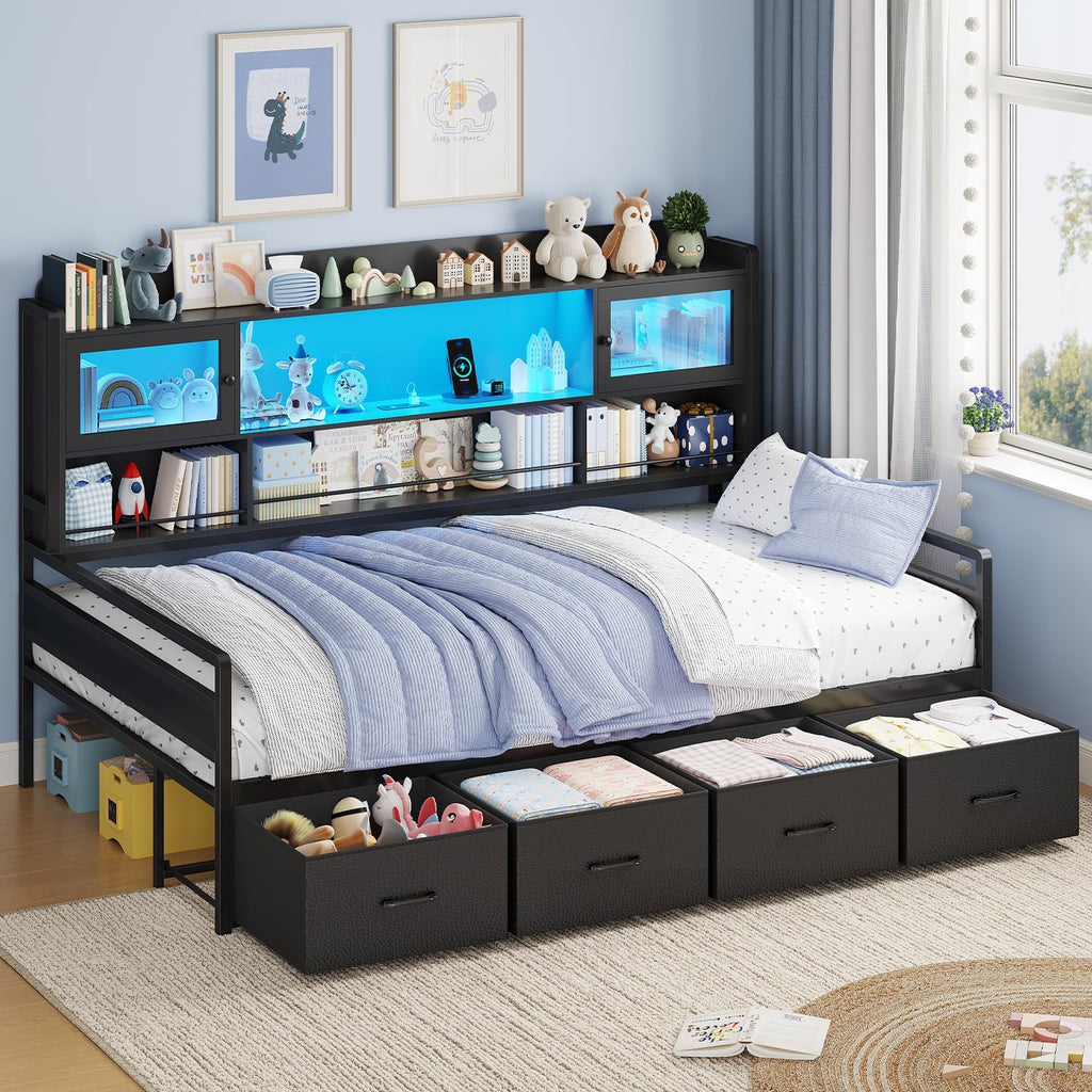 BTHFST Twin Daybed with 4 Storage Drawers & 3-Tier Bookshelf, Day Bed with RGB LED Lights & Charging Station, Corner Bed Frame with Storage Headboard for Bedroom, Living Room, Guest Room, Black