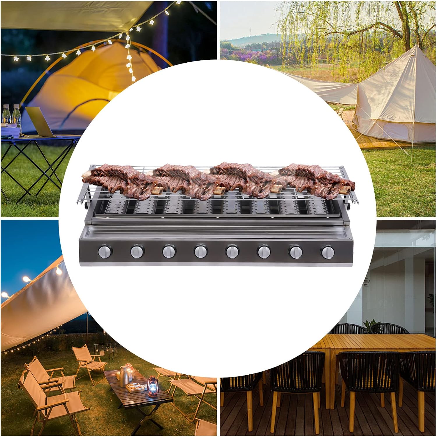 8 Burner BBQ Gas Grill, Stainless Steel LPG Propane Indoor Steak Grill Countertop Flat Top Griddle Tabletop Patio Garden Barbecue Grill with Removable Grill Net for Kitchen, Height Adjustable