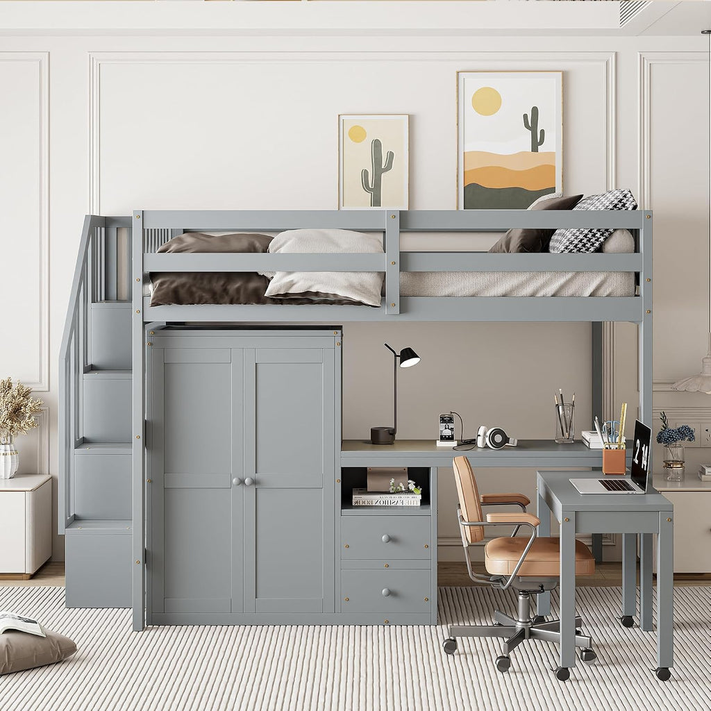 Merax Full Multifunction Loft Bed with Desk, Wardrobe, Drawers, Wood Loft Bed with Staircase & Full Length Gardrails for Boys, Girls, No Box Spring Needed Gray