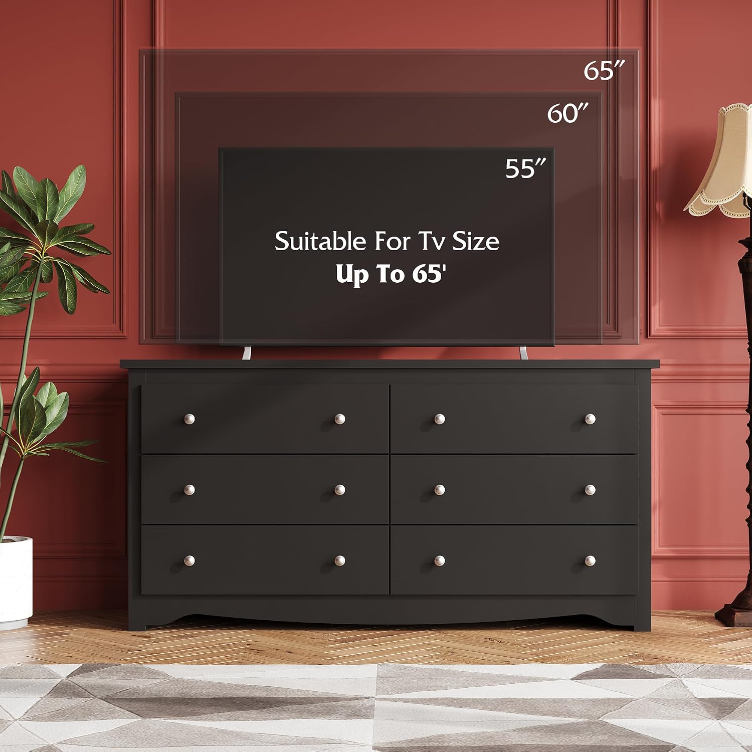 WLIVE Black Wooden Dresser for Bedroom, 6 Drawers Chest of Drawers, 59' Wide Modern Dresser Closet Storage Organizer for Living Room Hallway