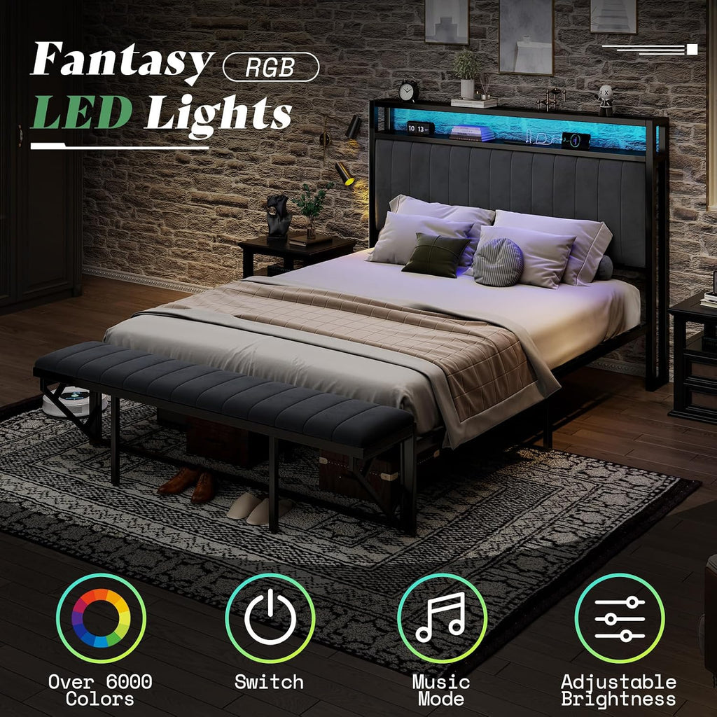 AMERLIFE Queen Size Bed Frame, Storage Headboard with Charging Station & LED Lights, Upholstered Platform Bed with Ottoman Footboard, Velvet Fabric, Metal Slats Support, Noisy Free, Grey