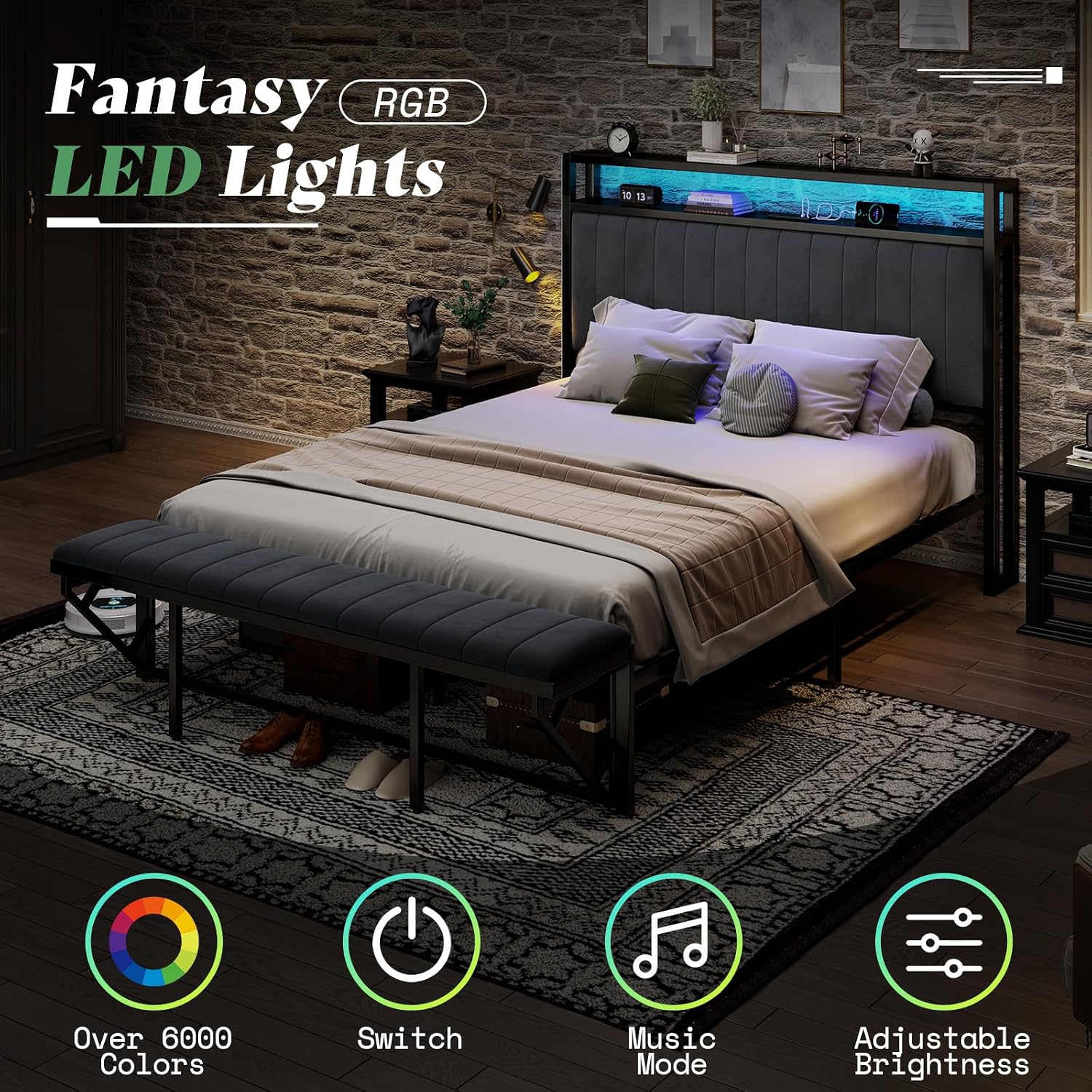 AMERLIFE Queen Size Bed Frame, Storage Headboard with Charging Station & LED Lights, Upholstered Platform Bed with Ottoman Footboard, Velvet Fabric, Metal Slats Support, Noisy Free, Grey