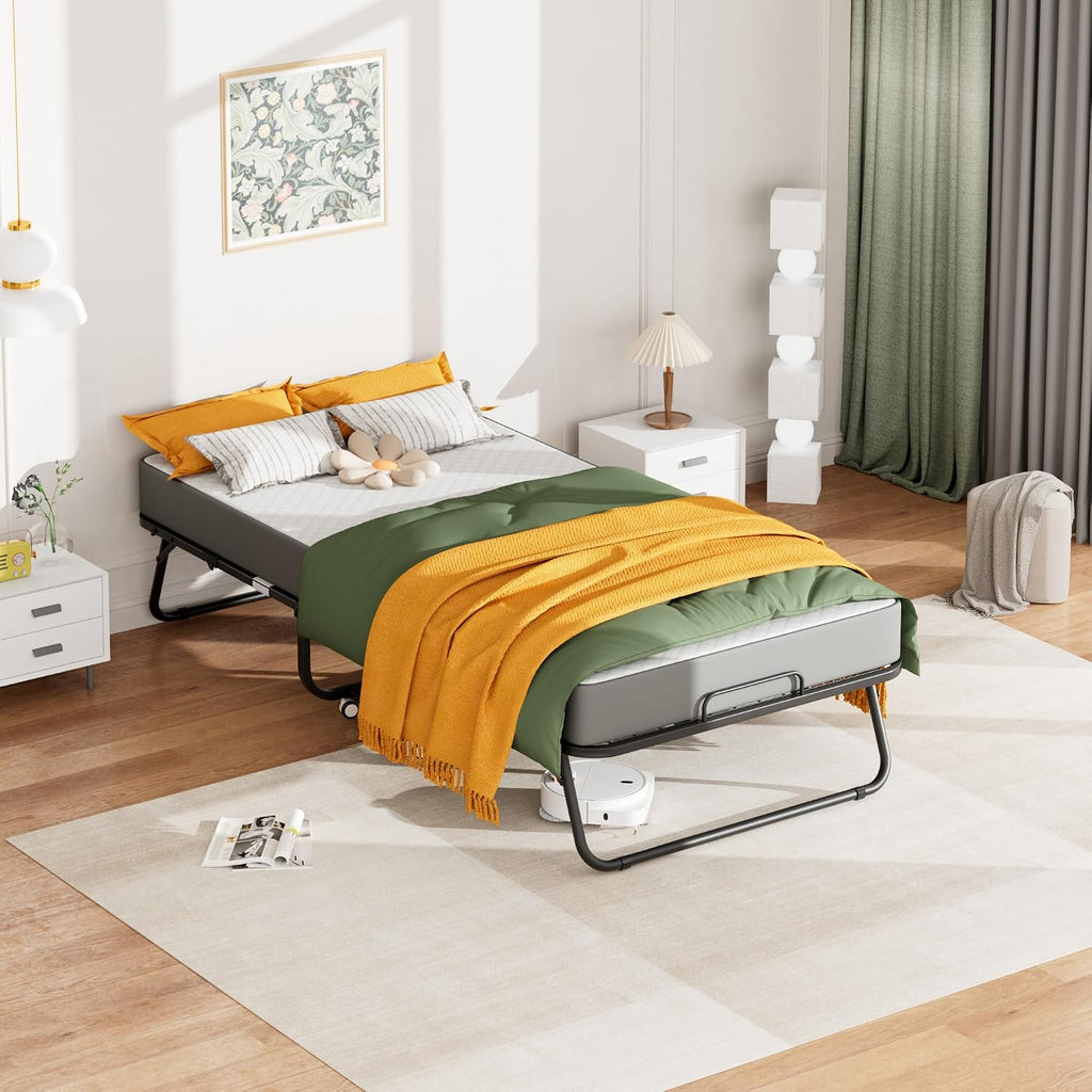 Greenvelly Folding Bed with 5 Inch Mattress, 75' x 38' Portable Rollaway Bed with Memory Mattress and Metal Frame for Adults,Guest, Twin Size,Cot Size