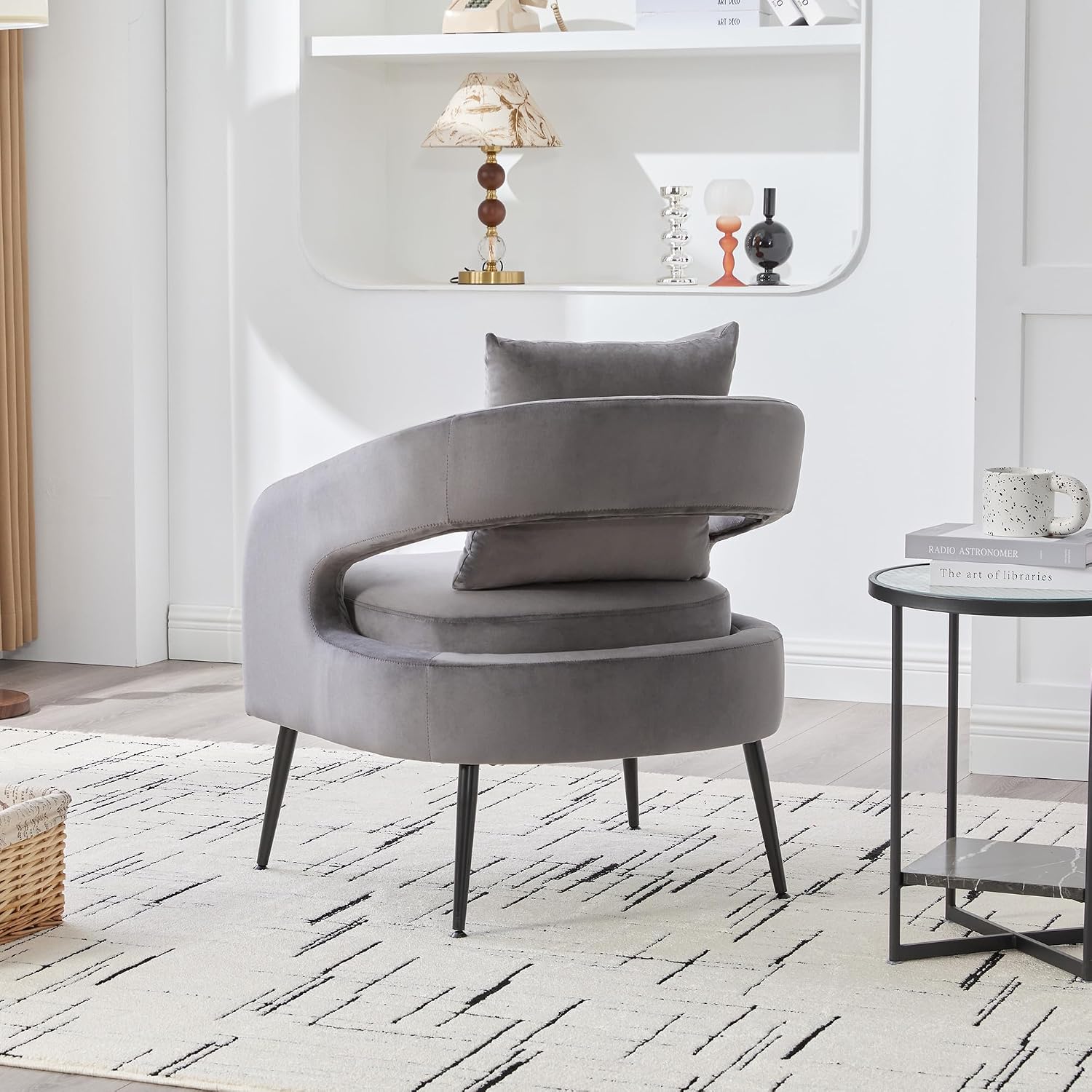 Modern Minimalist Style Open Back Accent Chair,Velvet Barrel Dining Chair with Metal Legs,Comfortable Upholstered Single Sofa for Living Room,Bedroom,Reception,Dining Room,Charcoal