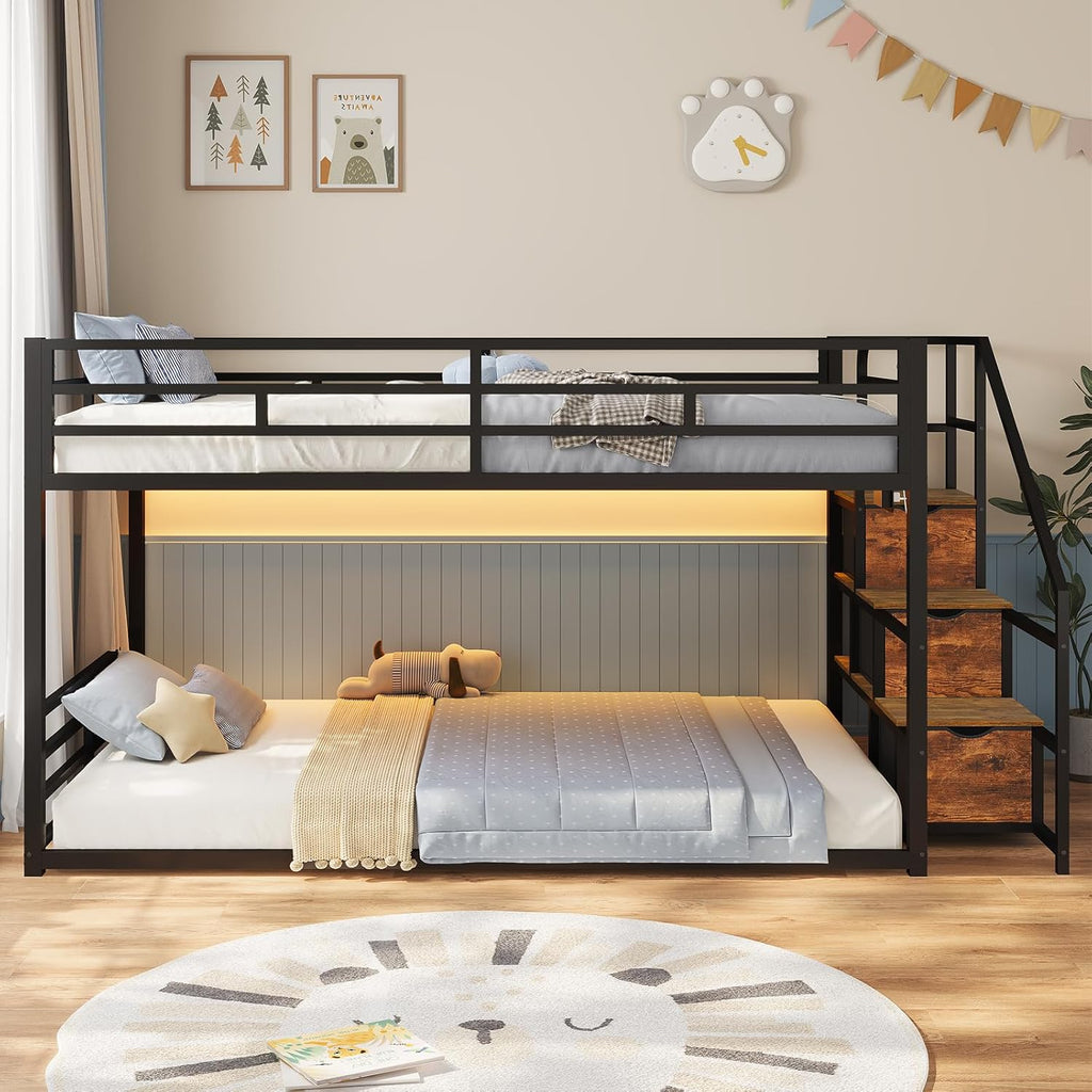 ADORNEVE Low Bunk Bed Twin Over Twin with Storage Staircase, Drawers & Shelves, RGB LED Lights Metal Floor Bunk with Power Outlet, Full-Length Guardrail & Metal Slats, for Small Space, Kids, Black