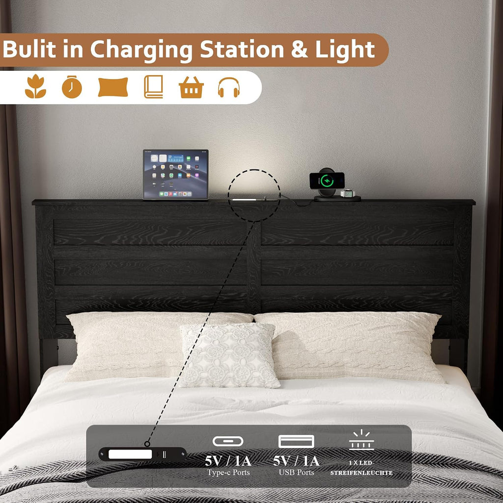 Wooden Bed Frame Full Size with Headboard & Sliding Barn Door Storage Footboard, Farmhouse Platform Bedframe with Charging Station, No Box Spring Needed, Black