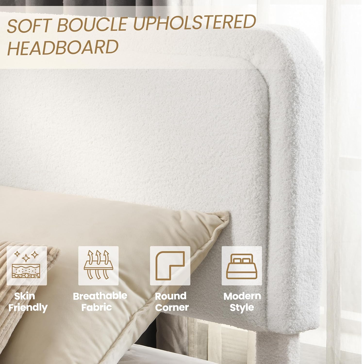 Queen Size Bed Frame with Adjustable Headboard, Modern Boucle Fabric Upholstered Platform Bed, Low to Floor, Anti-Collision Soft Rounded Corners, No Box Spring Needed, Easy Assembly for Bedroom，White