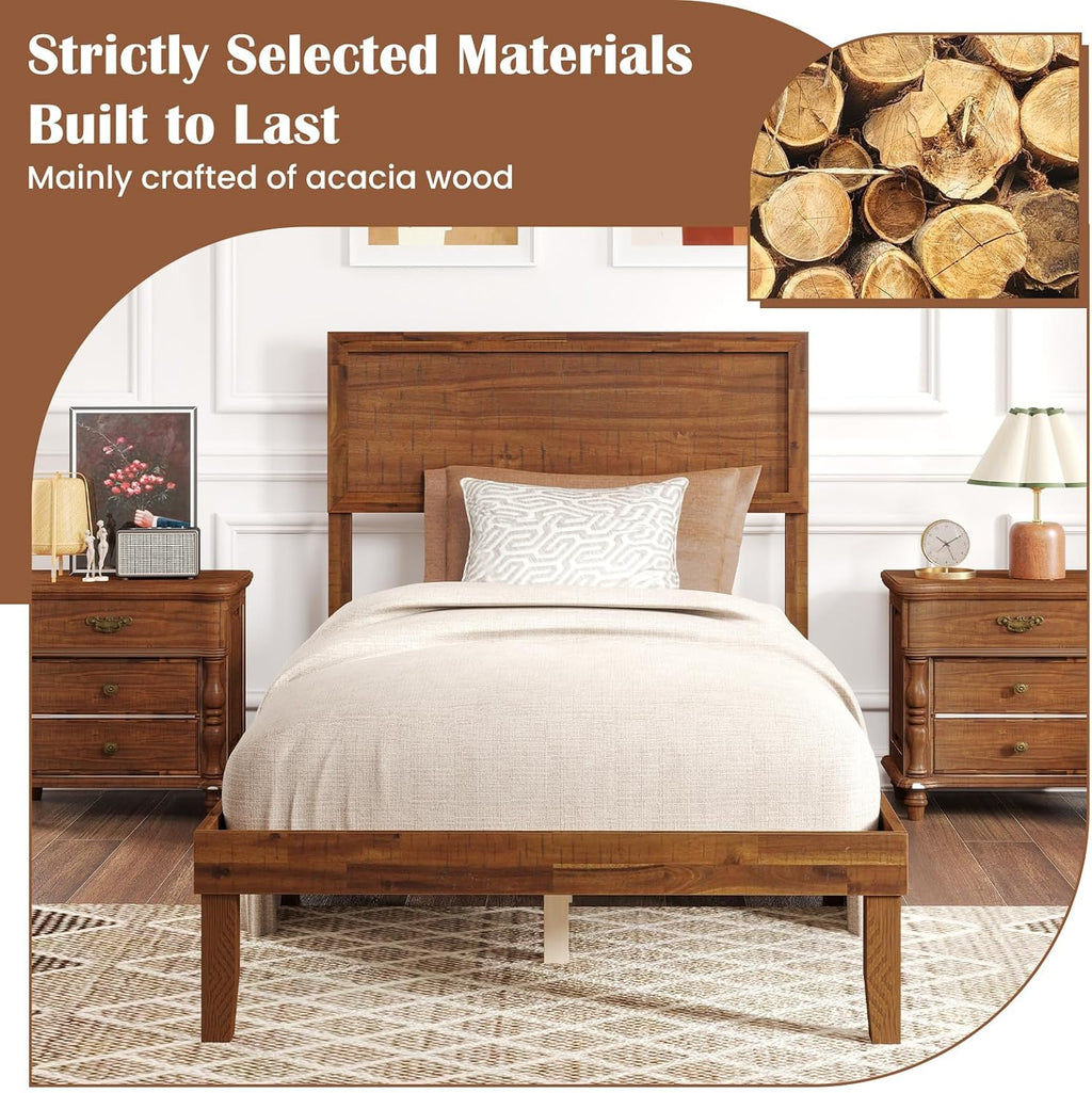 Giantex Wood Twin Bed Frames with Headboard, Mid Century Modern Platform Bed Twin Size with Solid Wood Legs & Wooden Slat Support, Easy Assembly, No Box Spring Needed, Walnut